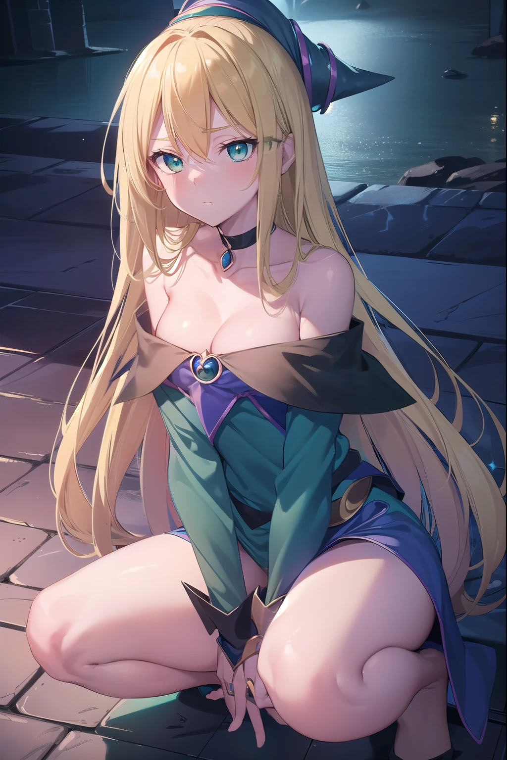 dark magician girl, dark magician girl, blonde hair, choker, (green eyes:1.5), long hair,
break bare shoulders, blue shoes, blush, blush stickers, cleavage, clavicle, duel monster, have, off shoulder, pentacle, wizard have, (blue clothes:1.5),
break looking at viewer,
break outdoors, city,
break (masterpiece:1.2), highest quality, High resolution, unity 8k wallpaper, (figure:0.8), (detailed and beautiful eyes:1.6), highly detailed face, perfect lighting, Very detailed CG, (perfect hands, perfect anatomy),