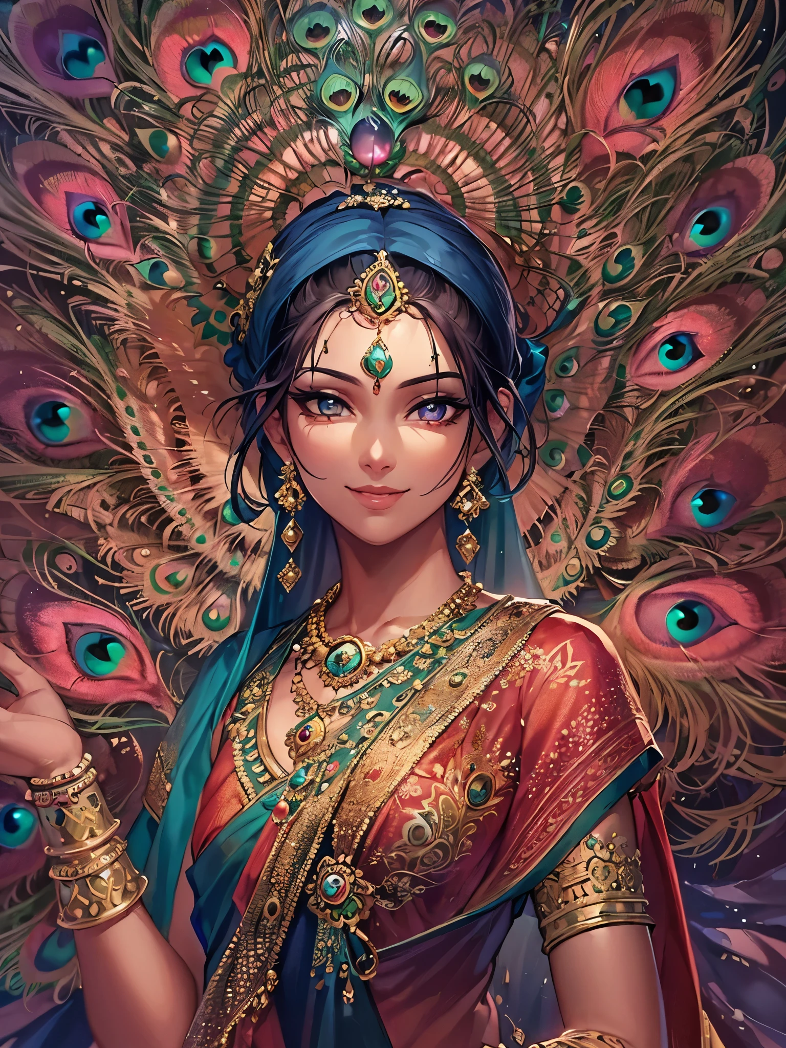 (highest quality)),(ultra high resolution),(Super detailed),(detailed description),((best CG)),(best work of art),super precision art,amazing drawing art,(Fantasy art with precise details:1.5), (hindu goddess:1.6),(Peacock:1.6),(beautiful and well-shaped face:1.5),(smile of compassion:1.6),makeup:1.4,(A gorgeous saree with intricate details:1.8),(Smooth skin with fine details:1.6),(third eye on forehead:1.7),