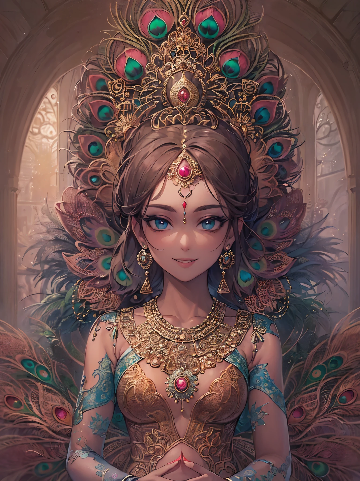 (highest quality)),(ultra high resolution),(Super detailed),(detailed description),((best CG)),(best work of art),super precision art,amazing drawing art,(Fantasy art with precise details:1.5), (hindu goddess:1.6),(Peacock:1.6),(beautiful and well-shaped face:1.5),(smile of compassion:1.6),makeup:1.4,(A gorgeous saree with intricate details:1.8),(Smooth skin with fine details:1.6),(third eye on forehead:1.7),