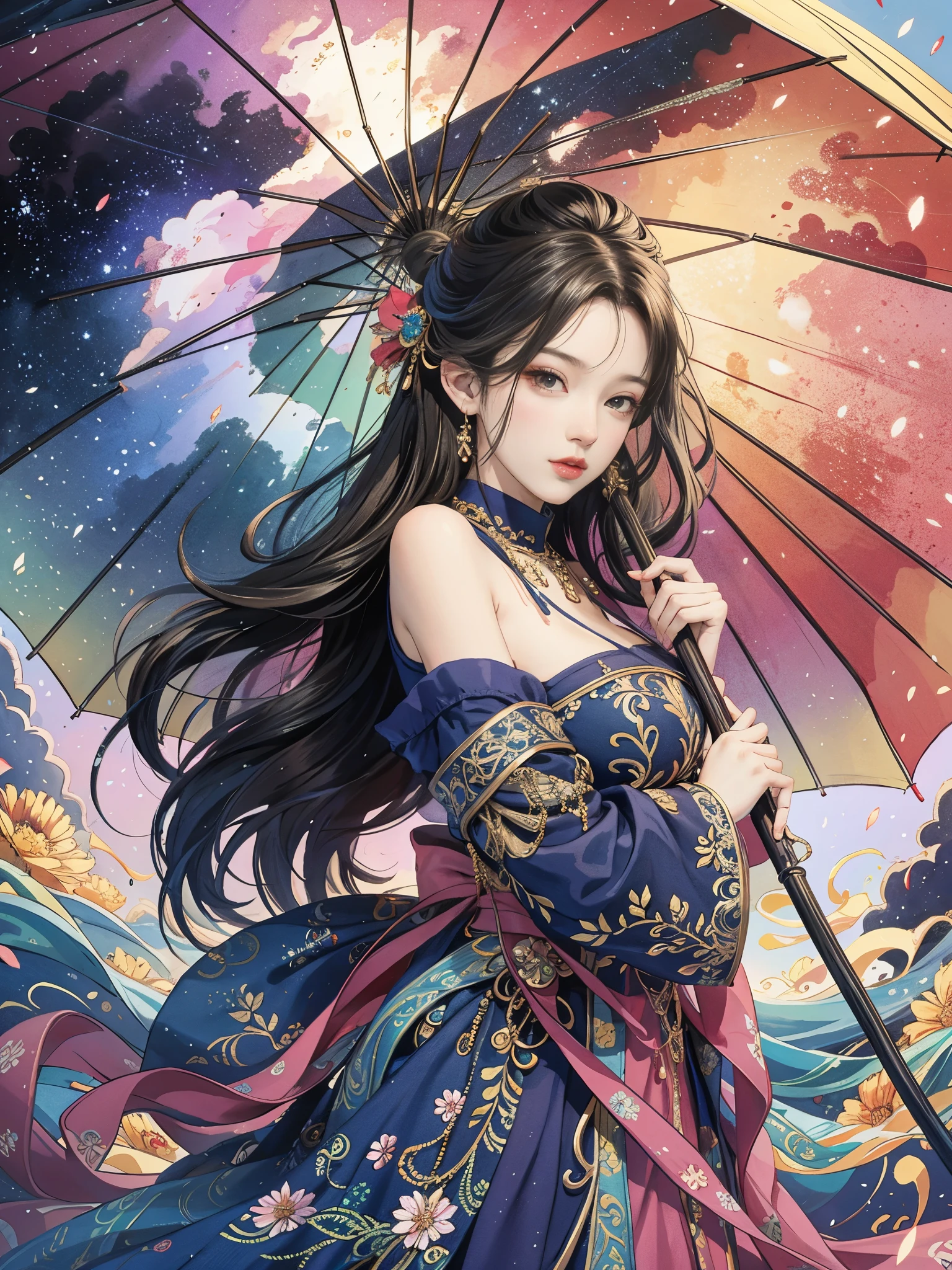 rain，Holding an umbrella，（tmasterpiece，top-quality，Best quality at best，offcial art，Beautiful and beautiful：1.2），（1 plump girl），The content is very detailed，Colorful，The most detailed，offcial art，Unity8k wallpaper，ultra - detailed，Beautiful and beautiful，Big breasts are beautiful，tmasterpiece，Best quality at best，（tangled，datura，Tangles，entangled），divinelight，artistically，Flash drawing，PerfectNwsjMajic