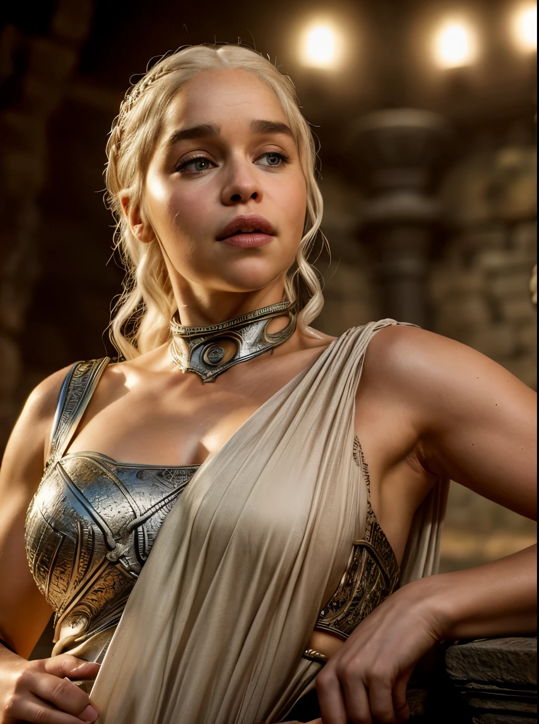 DAENERYS TARGARYEN, Gladiator dress, Full body shot,Mediaeval epic Battlefield background,erotic warrior costume, heroic looks, soft key light, detailed hairy armpits, victory pose, blood in sword,Standing bravely after battle,battle movie scene,cinematic colour grading,blood stains in dress,fought the battle dominantly, DAENERYS TARGARYEN PLAYED BY Emilia Clarke,Queen DAENERYS TARGARYEN,mature,milf, sexy mediaeval battle dress,gladiator woman,body,45 yo Woman,perky breast,alluring figure,big natural breast,mediaeval costumes,mediaeval queen dress,erotic costumes,lusty physique,((detailed face)), ((detailed facial features)),(finely detailed skin), pale skin,(in a highly detailed sexy mediaeval dress,soft natural light, (masterpiece) (perfect aspect ratio), (realistic photo), (best quality), (detailed) photographed on a Canon EOS R5, 50mm lens, F/2.8, HDR, (8k) (wallpaper) (cinematic lighting) (dramatic lighting) (sharp focus) (intricate), RAW photo, RAW photo, gigachad photo,8k uhd, dslr, high quality, film grain, Fujifilm XT3, extremely detailed,photorealistic, realistic,incredibly absurd, highly detailed, sharp focus,(Professional Studio Lighting),(Professional Color Grading), Edge Lighting,Dramatic lighting,Cinematic lighting,Lumen reflections, Soft natural lighting, Soft color, Photon mapping, Radiosity, (Beautiful eyes), (Detailed eyes),  (Detailed face), symmetrical eyes, sharp eyes, cold face, full body), (HIGH LEVEL OF DETAIL), (sweaty),large breasts, high detailed skin, uncharacterized texture, hyper detailed, realistic skin texture, armor, best quality, ultra high res, (photorealistic: 1.4) high resolution, detailed, raw photo, sharp re, by lee jeffries nikon d850 film stock photography 4 kodak portra 400 camera  F1.6 Lens rich colors hyper realistic texture dramatic lighting UnrealEngine trend in Artstation Cinestill 800, veins in the body, (body and fitness), perfect eyes, detailed eyes, detailed skin,