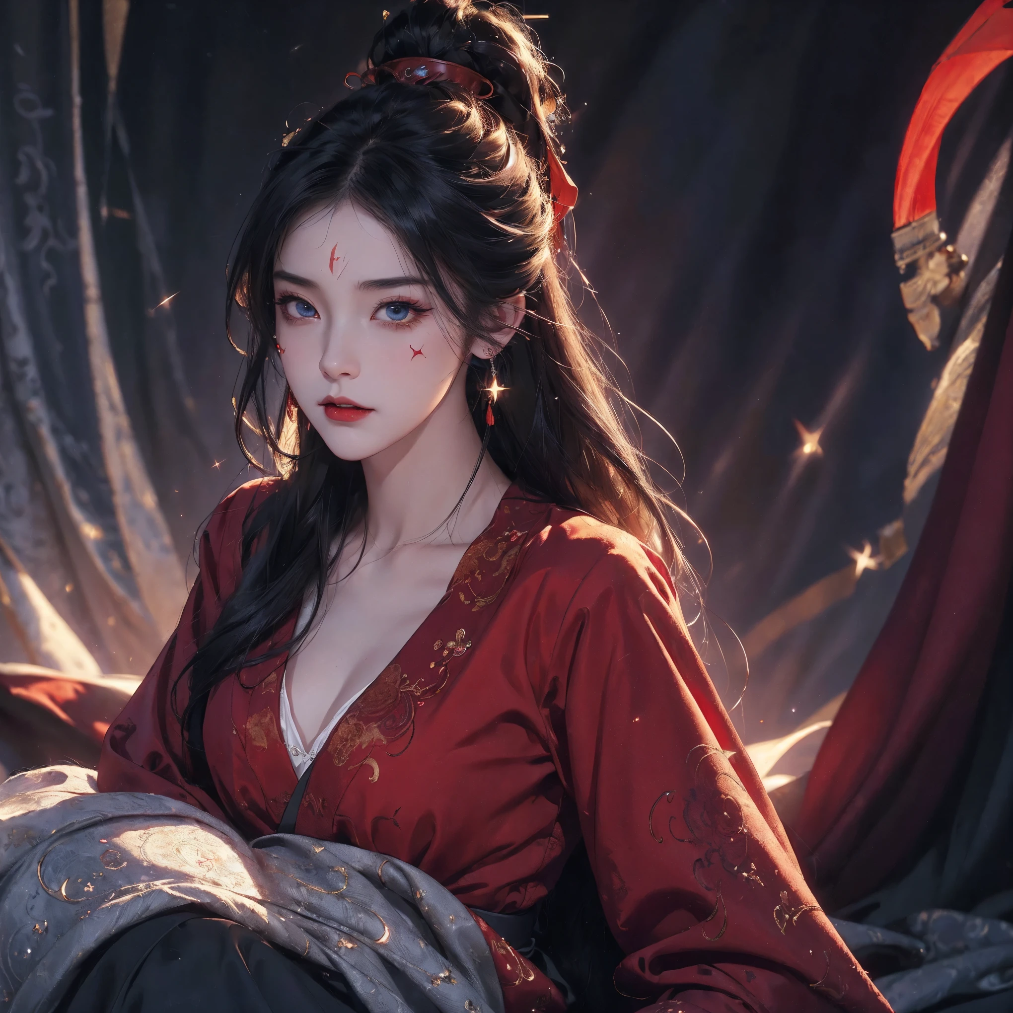 (extremely detailed 8K wallpaper),(ultra-detailed),(best quality),(masterpiece),(highly detailed),(cinematic lighting),(Original),Cold ligh,moody,(Chinese elaborate-style painting ),ink style,32K depth of field,1girl,(),solo,((busts)),((red marks on forehead)),(((villain image))),((red clothes)),(witch),(((evil))),(((Eyes sparkling in the moonlight)))