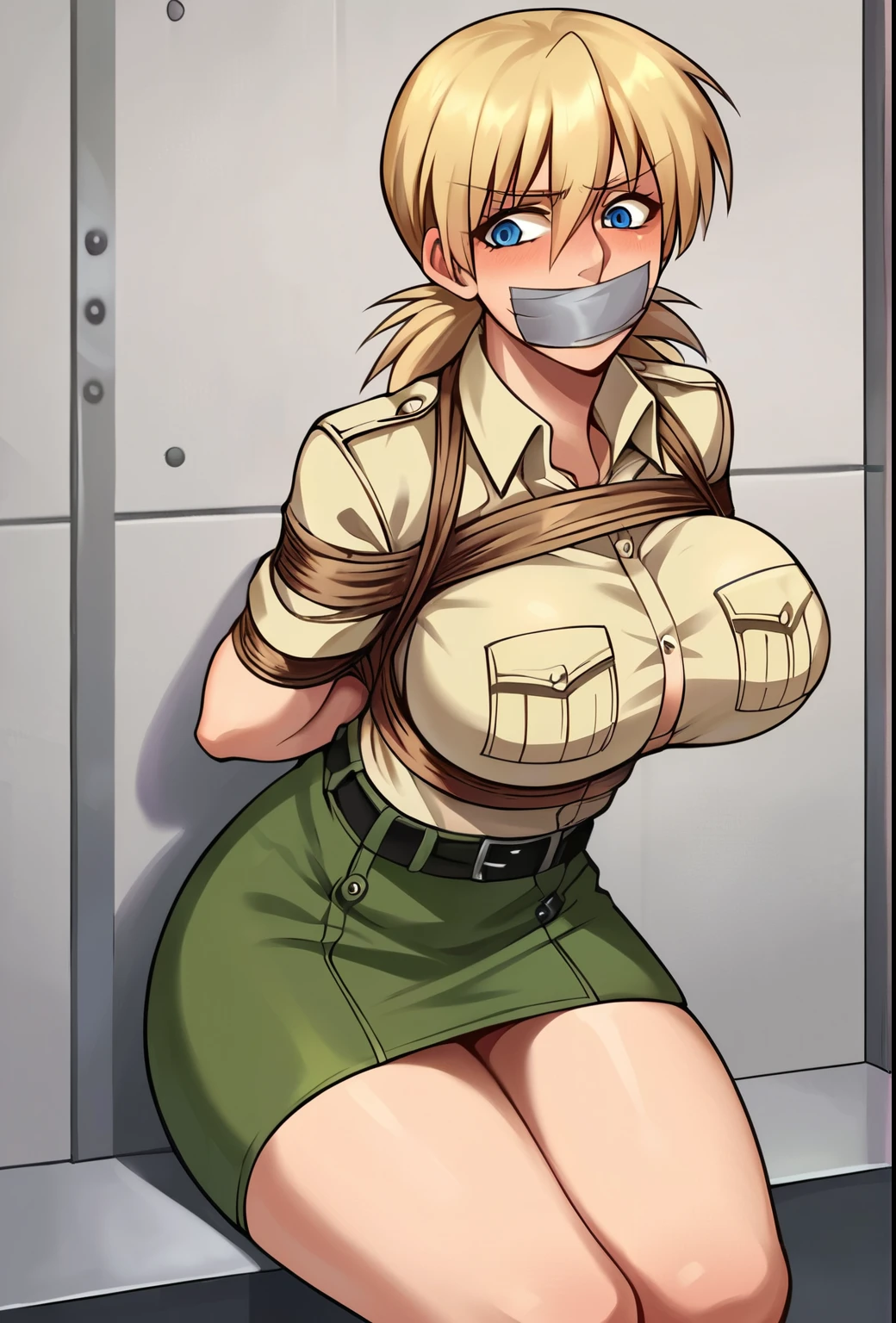 score_9, score_8_up, score_7_up, score_6_up, score_5_up, score_4_up, source_anime, 1girl, blonde hair, blue eyes, seras, improvised gag, tape gag, gagged, duct tape, tape bondage, arms behind back, bound arms, shirt, skirt, blush, hellsing, seras victoria, large breasts, huge breasts, boob window 