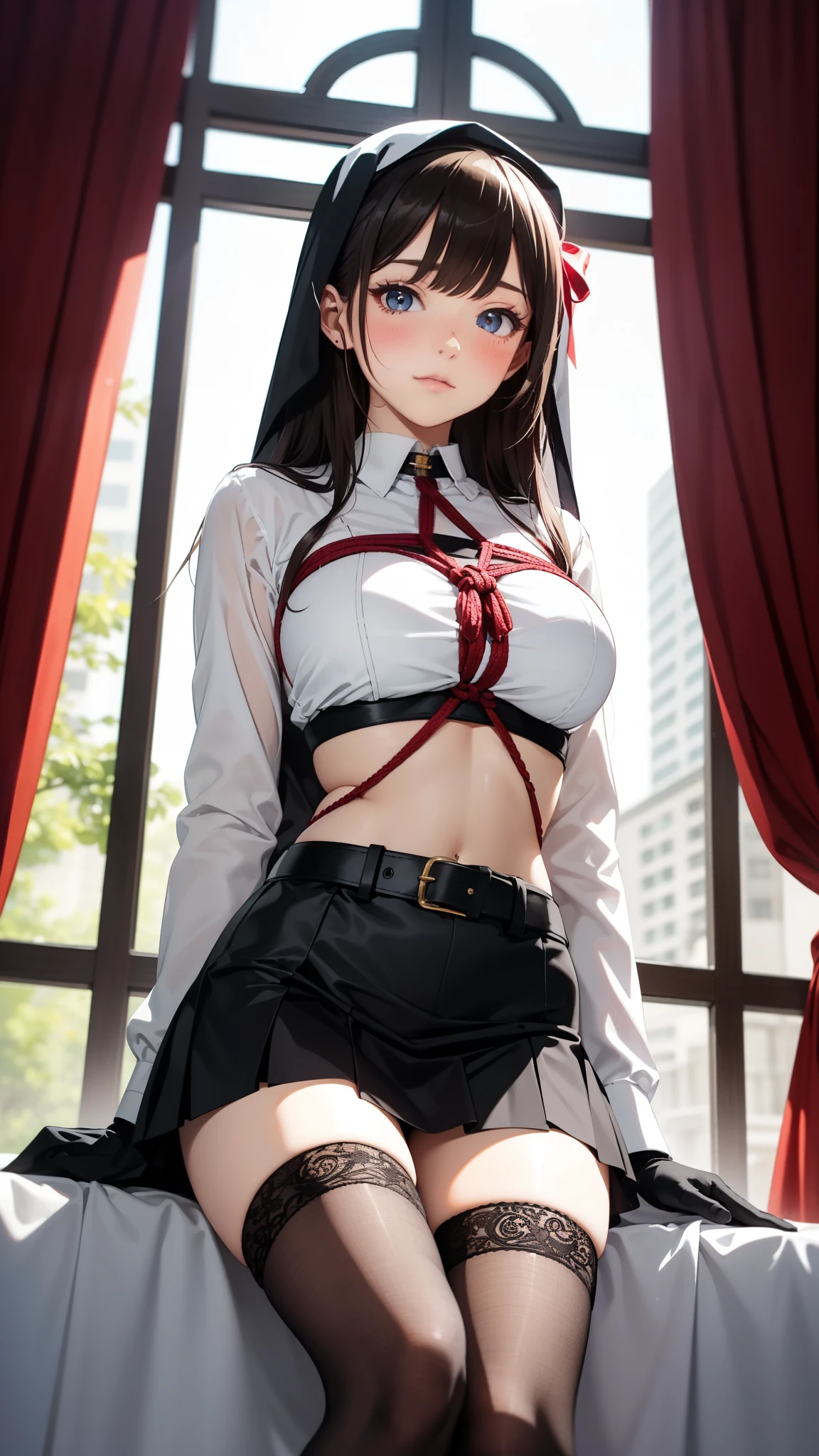 (best quality, ultra detailed, illustration, masterpiece),curtains, bodystocking, 1girl, solo, thighhighs, gloves, large breasts, long hair, ((skirt)), white thigh highs, nun, belt strapping, looking at viewer, halo, blush, long sleeves, covered navel, bangs, neck ribbon, braid, ((red shibari))