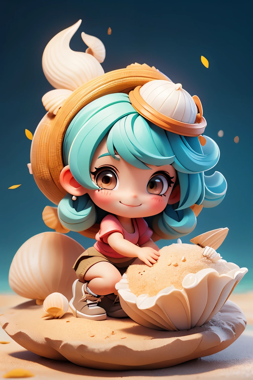 Photoreal、whole body、chibi girl、Seashell Accessories、smile、cute shoes、playing in a pile of sand