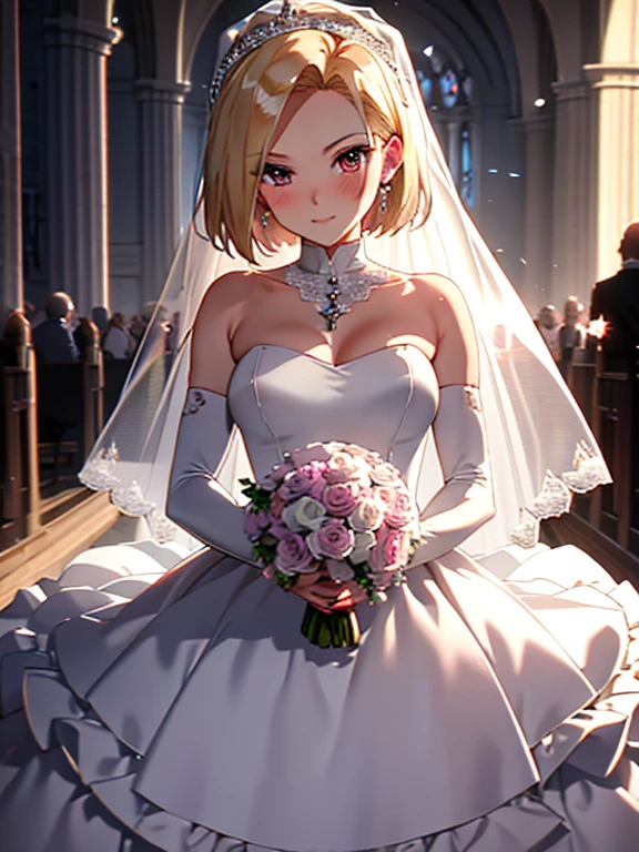 android１８Number、wedding dress, bridal gauntlets, bridal veil, wedding ring, bouquet、blush、small breasts、church、UHD, retina, masterpiece, ccurate, anatomically correct, textured skin, super detail, high details, high quality, best quality, highres, 4K