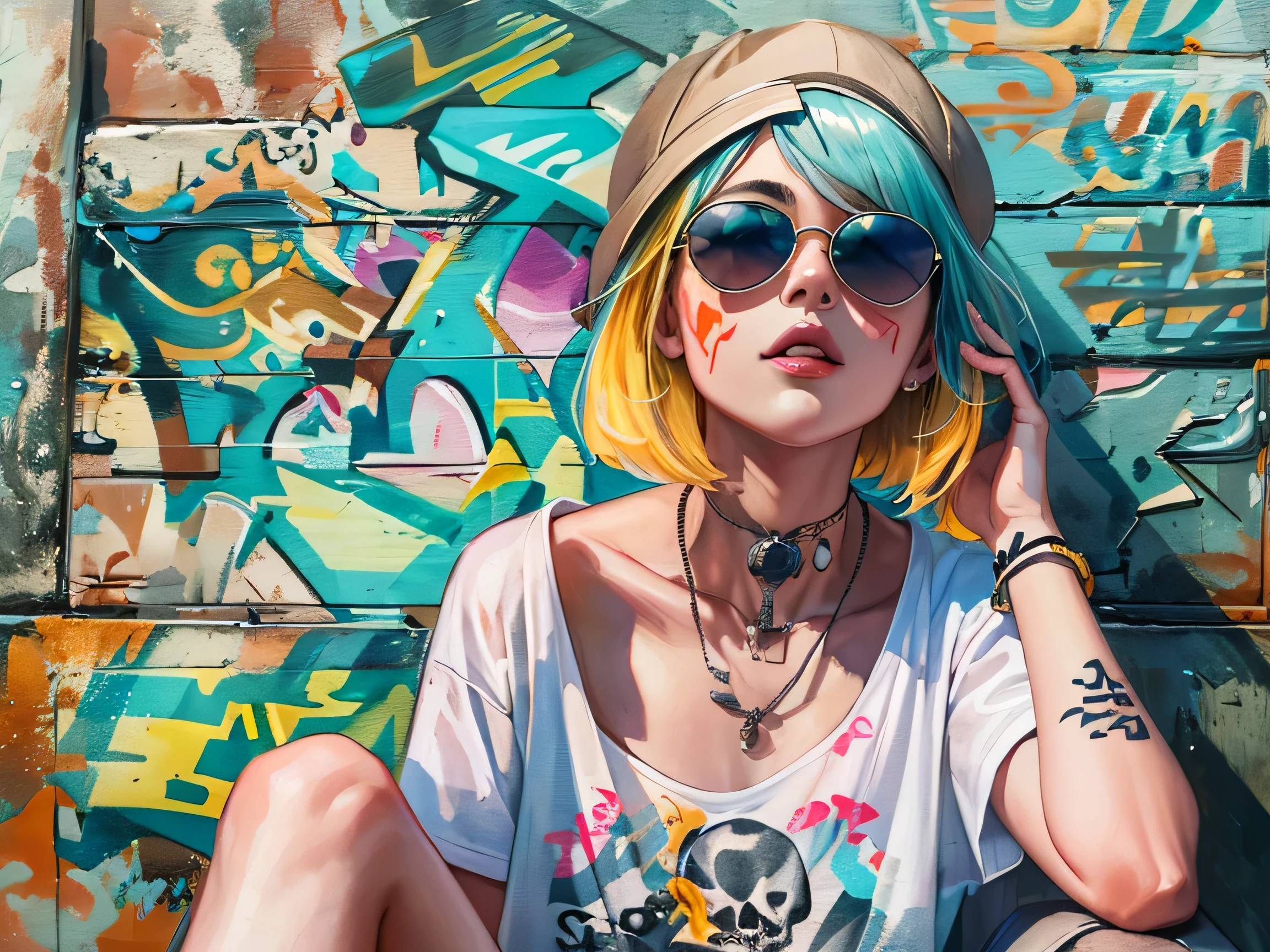 watercolor painting、8K resolution、((highest quality))、((masterpiece))、((Super detailed))、1 female、alone、The strongest beautiful girl of all time、((incredibly absurd))、(((Stylish sunglasses))), Fashionable hats, lips in love、skull fashion、sit on the ground、neon、bob cut hair、 (((skull graffiti art))), colorful hair、High walls