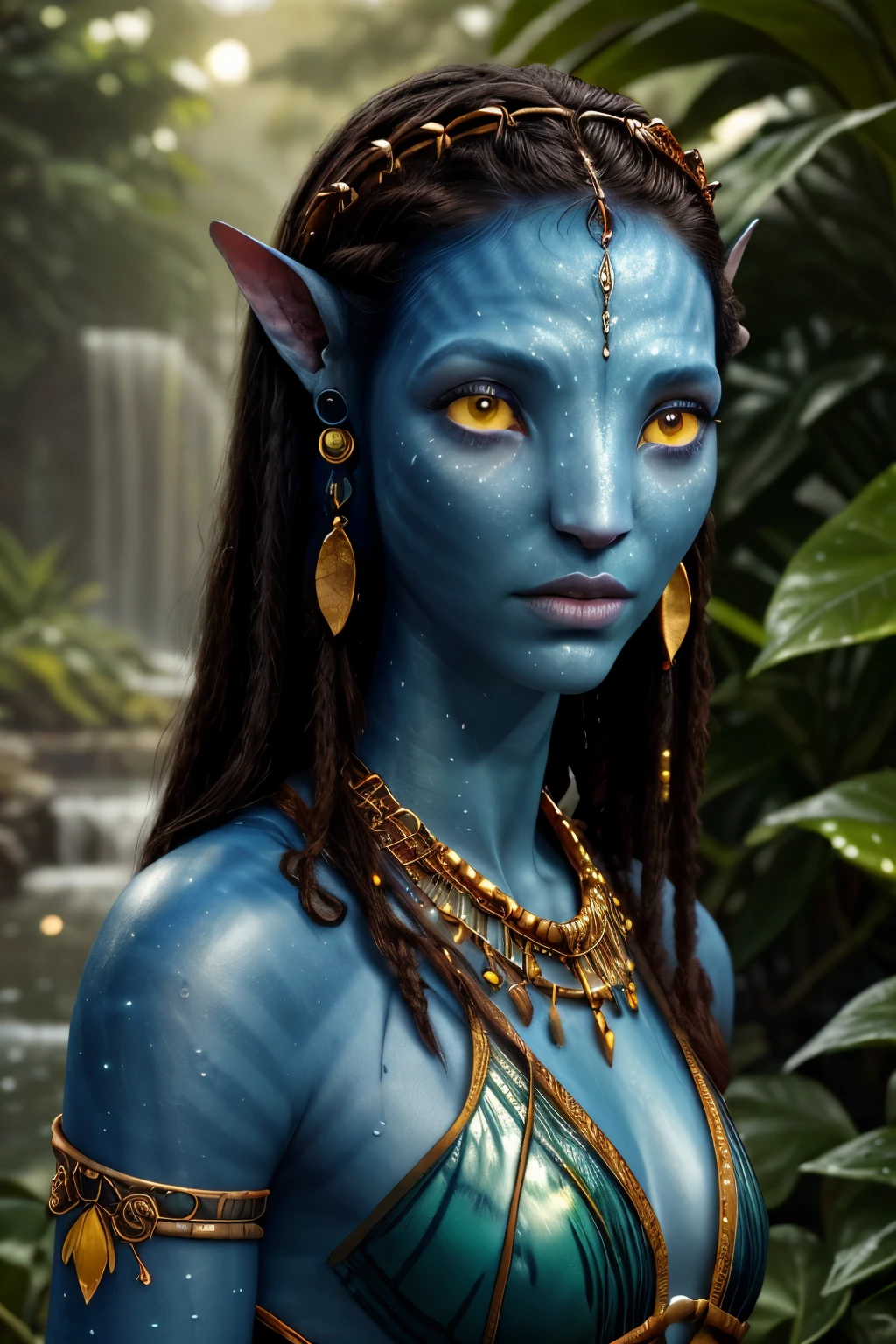 SFW, photo of AIDA_Neytiri, close up portrait of (AIDA_LoRa_Neytiri:1.3) as cute girl, blue reptile, medieval leather bikini, tiara, golden jewelry, rich, (pretty face:1.1), (wet skin:1.1), (detailed skin with pores and color pattern:1.3), (unnatural yellow eyes:1.1), (green light:1.1), kkw-ph1, colorful, (romantic garden setting:1.1), (tropical garden:1.1), (trending on artstation:1.3), (fantasy garden:1.1), detailed background