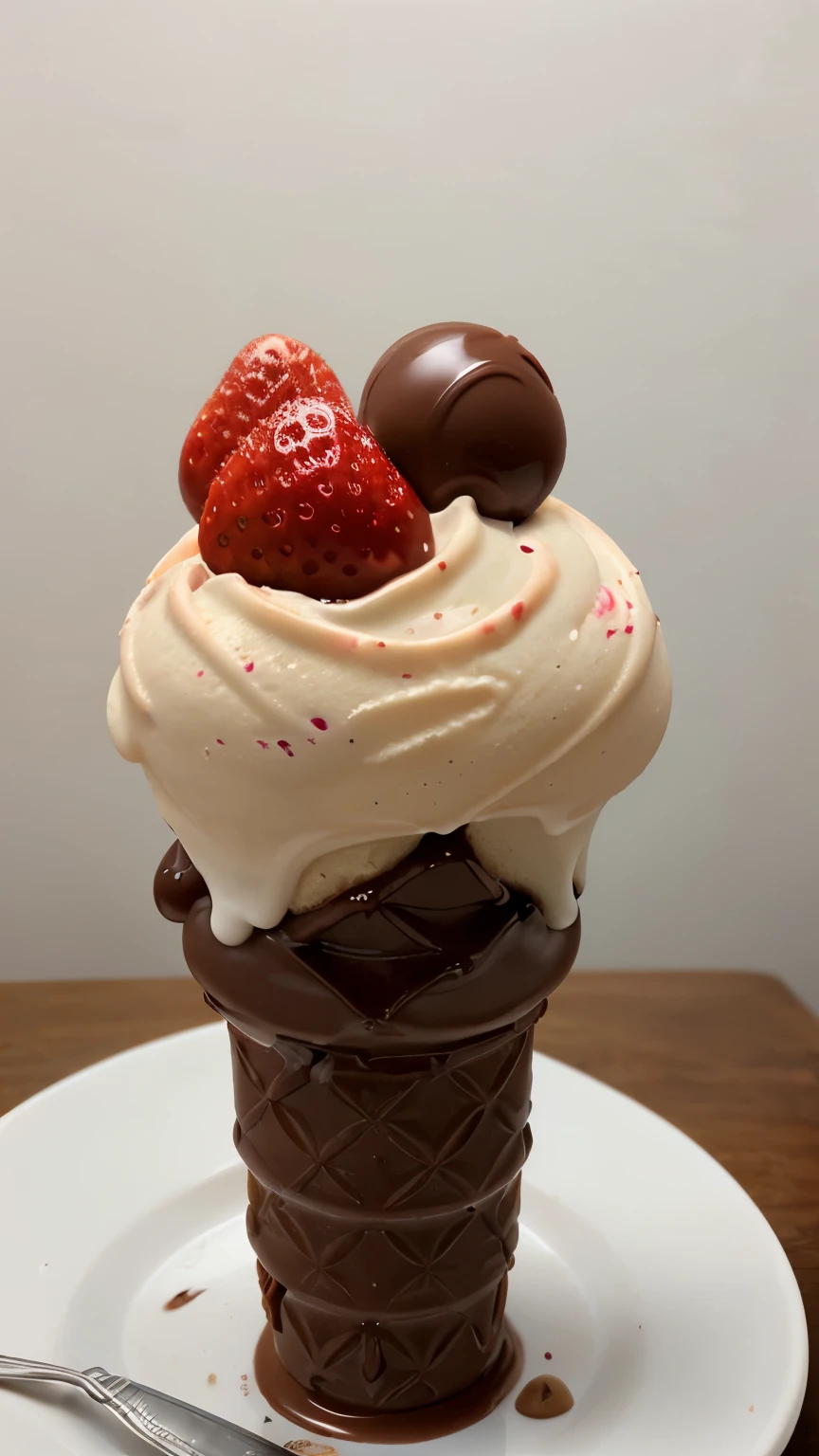A photorealistic image of a waffle ice cream cone dipped in milk chocolate and topped with fresh strawberries.
The waffle cone should be a light golden brown color with a slightly rough texture.
The milk chocolate coating should be smooth and glossy, with a dark brown color that contrasts with the light brown of the cone.
The strawberries should be a bright red color with fresh, green leaves. Some strawberries can be whole, while others can be sliced in half to reveal their juicy flesh.
Here are some additional details that you can include in the prompt:
The ice cream cone is sitting on a white plate.
There is a small pool of melted chocolate at the bottom of the ice cream cone.
The strawberries are scattered around the top of the ice cream cone, with som
