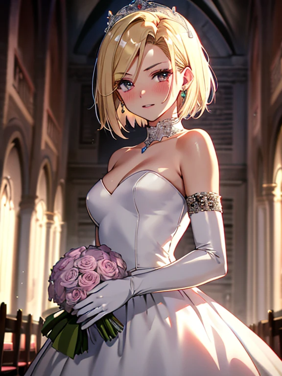 android18Number、wedding dress, bridal gauntlets, bridal veil, wedding ring, bouquet、blush、short hair、small breasts、church、UHD, retina, masterpiece, ccurate, anatomically correct, textured skin, super detail, high details, high quality, best quality, highres, 4K