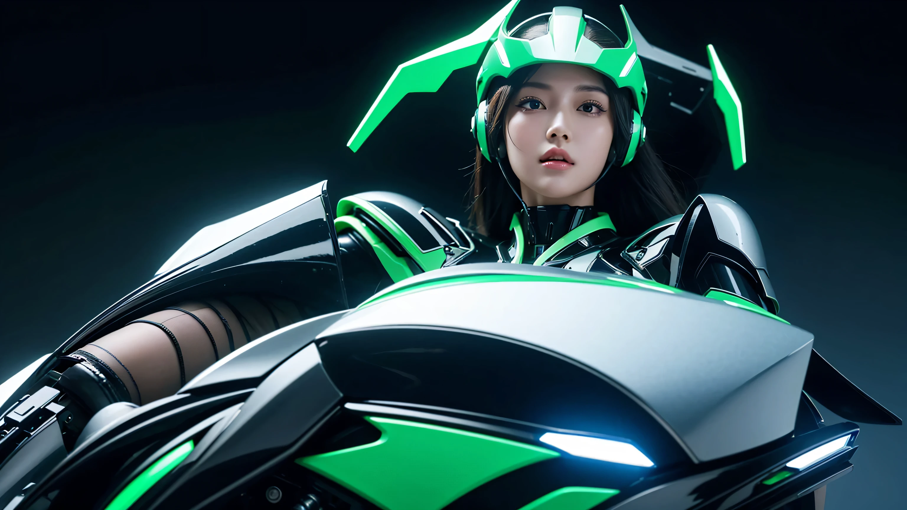 Highest image quality, Excellent details, ultra high resolution, (realism: 1.4), Best illustration, Offer details, Highly concentrated 1girl, Have a delicate and beautiful face, Wearing black and green mecha,Fair thighs exposed，Wearing blue high heels， Wearing a mecha helmet, Hold the direction controller, riding a motorcycle, The background is a high-tech light scene of a futuristic city.
