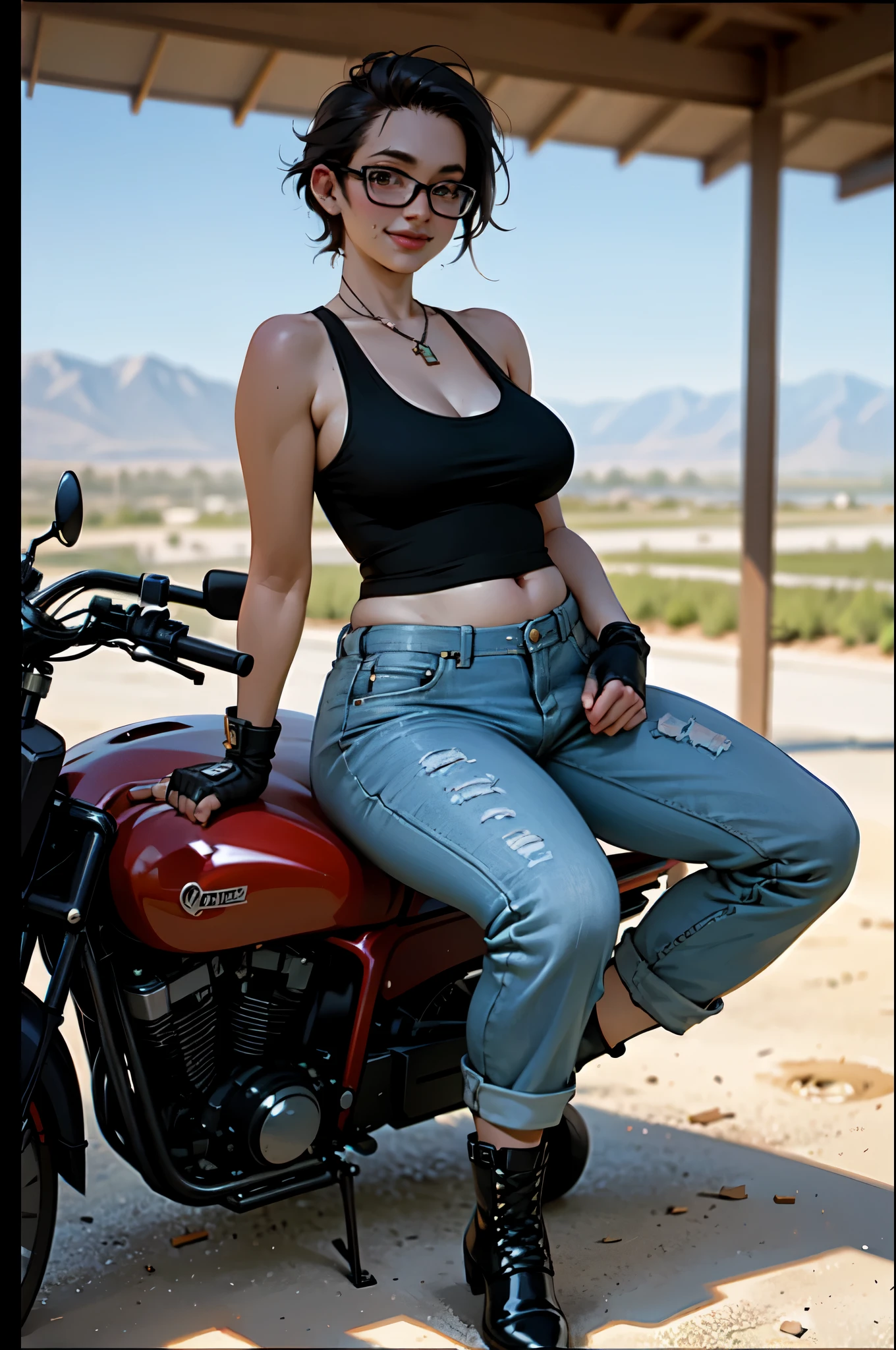 masterpiece, (masterpiece, top quality, best quality),1girl, solo, smile, , looking at viewer, motorcycle, gas station in the desert, sitting, lips, ((woman from Texas))  leather jacket, fingerless gloves,  (American tank top), motorcycle, black gloves, gloves(real picture, intricate details, depth of field), highly detailed, semi realistic, 1 girl, mature female, 21 years old, with short hair, (glasses) chubby, full body,