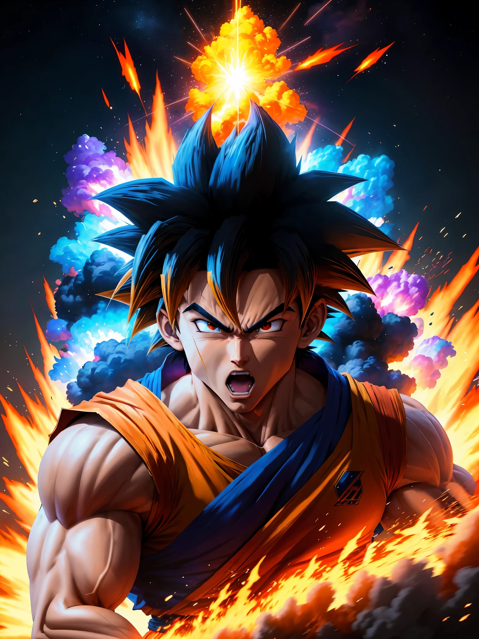 Goku fighting in the sky, explosive fire power, dynamic action, anime style, vibrant colors, strong lighting, best quality, ultra-detailed, realistic, HDR, studio lighting, ultra-fine painting, sharp focus, extreme detail description, professional, vivid colors, bokeh, portraits,
