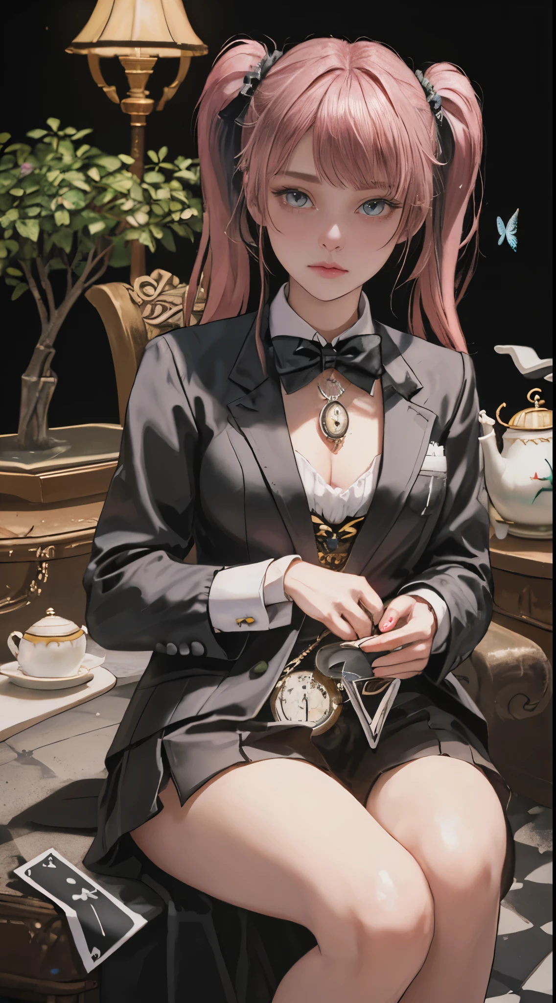 Alice in Wonderland in pastel colors, (((top quality))), (((masterpiece))), (((super detailed))), (((anatomically correct))), (((16K, high resolution))), (((UHD))), (((very realistic photos))), female, age 14, (((magical diorama world  )))), (((pink hair))), (((blunt bangs))), (((princess cut))), (((twin tails, twin drills))), very deep depth of field, (((detailed and accurate background, poisonous mushrooms, pocket watch, rabbit in tux, checkerboard floor, flying card cards, afternoon tea, snails, tree frogs, swallowtail butterflies))), dramatic and very dark cinematic lighting, round face, very large eyes, dazzling dark gray eyes like jewels, long eyelashes, thin nose, small mouth, very thin lips, no makeup, clear skin without blemishes.