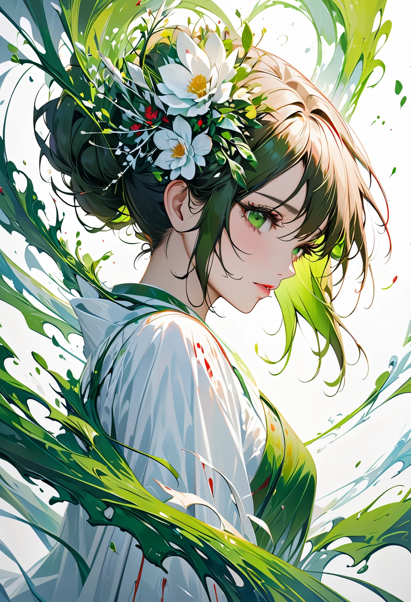 masterpiece, best quality, ultra high res, (extreme detailed), (1 beautiful girl), (abstract art:1.4),bleeding green, visually stunning, beautiful, evocative, emotional, ((white background)), green theme,
