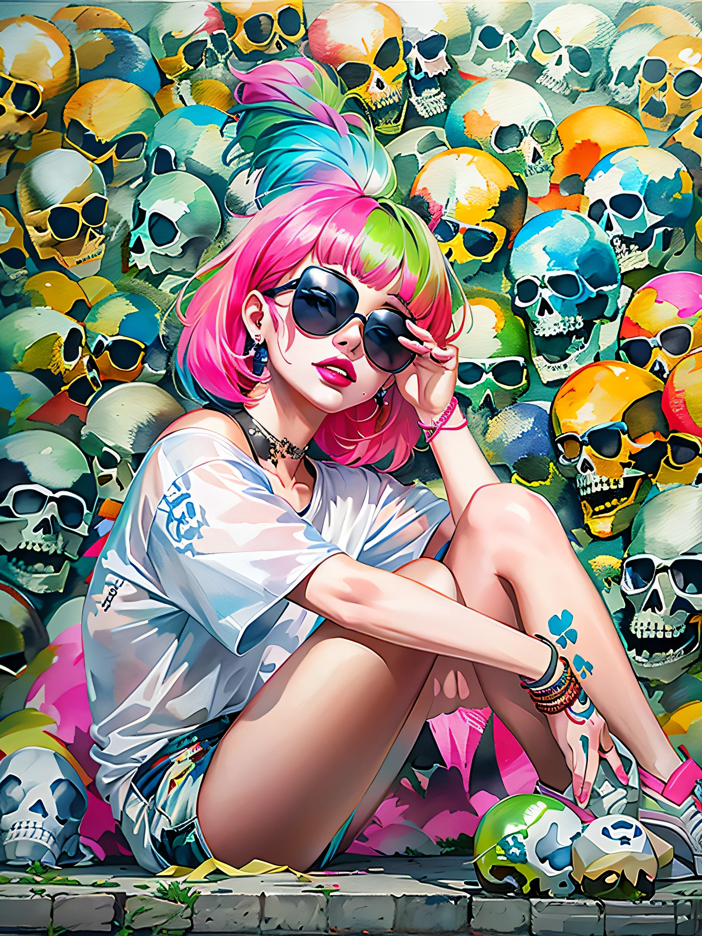 watercolor painting、8K resolution、((highest quality))、((masterpiece))、((Super detailed))、1 female、alone、The strongest beautiful girl of all time、((incredibly absurd))、(((Stylish sunglasses))), Fashionable hats, lips in love、skull fashion、sit on the ground、neon、bob cut hair、 (((skull graffiti art))), colorful hair、High walls