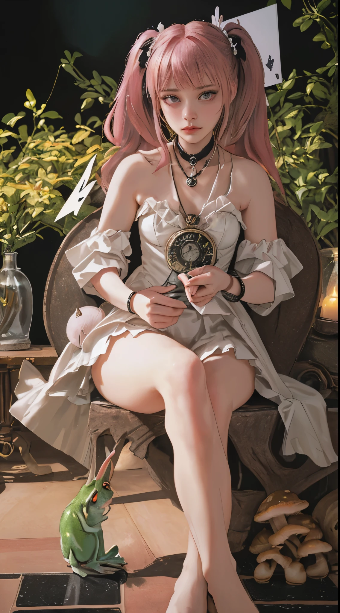 Alice in Wonderland in pastel colors, (((top quality))), (((masterpiece))), (((super detailed))), (((anatomically correct))), (((16K, high resolution))), (((UHD))), (((very realistic photos))), female, age 14, (((magical diorama world )))), (((pink hair))), (((blunt bangs))), (((princess cut))), (((twin tails, twin drills))), very deep depth of field, (((detailed and accurate background, poisonous mushrooms, pocket watch, rabbit in tux, checkerboard floor, flying card cards, afternoon tea, snails, tree frogs, swallowtail butterflies))), dramatic and very dark cinematic lighting, round face, very large eyes, dazzling dark gray eyes like jewels, long eyelashes, thin nose, small mouth, very thin lips, no makeup, clear skin without blemishes.