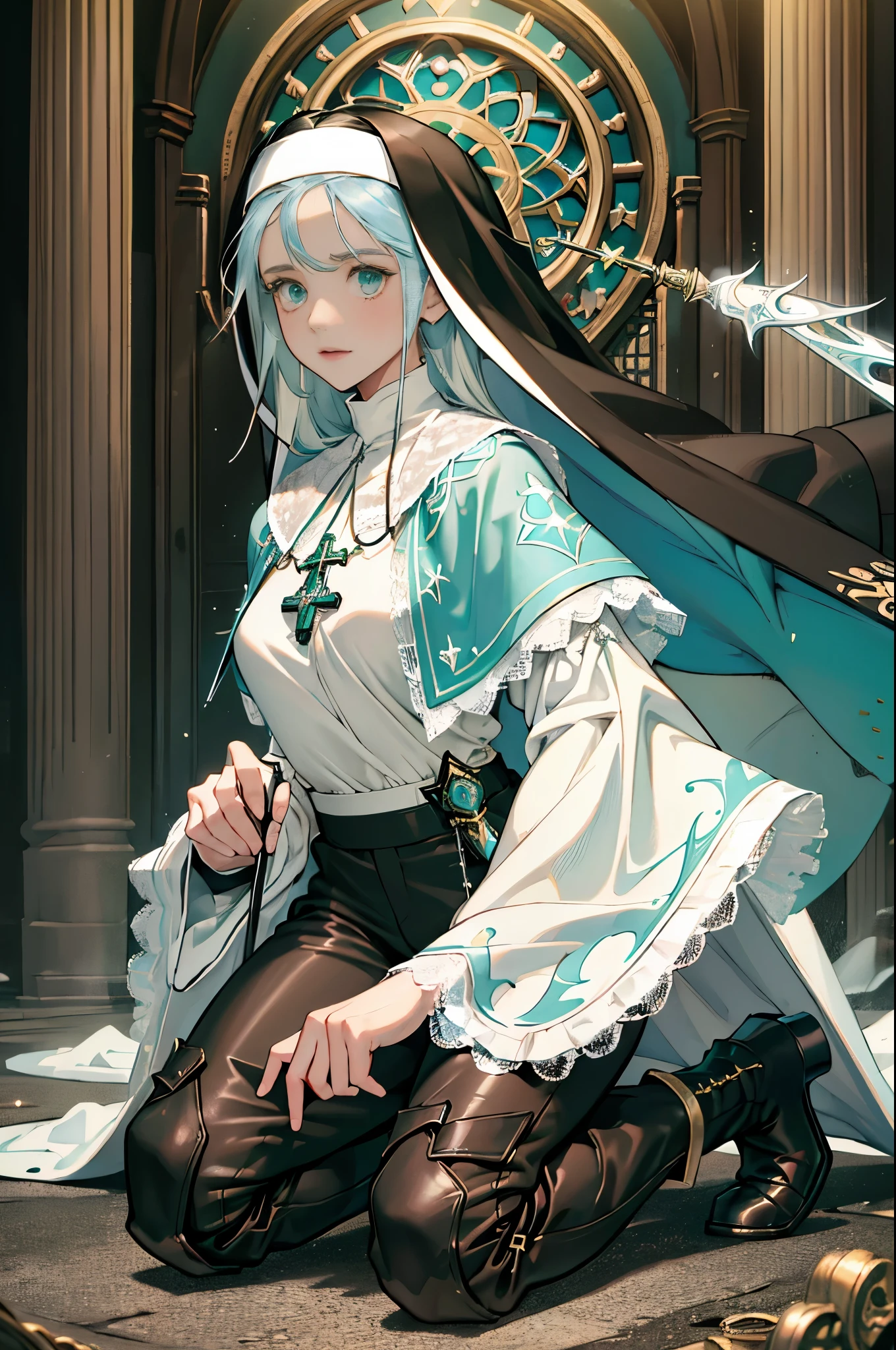masterpiece, ultra detailed, 8k portrait, RAW photo, portrait photography, Highly detailed face, beautiful and meticulous eyes, ((Fantasy)), Young beautiful, (((Nun))), (((((playing))))), ((light blue long thin hair)), ahoge, forehead, Gentle face, White skin, (((green and white puffy sleeve lace priest robes))), ((brown cape)) Fluttering in the wind, (((lowleg kneel length pants))), Leather boots, ((((equip a magic wand)))), Midday Sun, Hyper realistic, Body model, Small breasts, Beautiful breasts, Long legs, in the medieval adventurer's guild, Ambient lighting, Shadow details, Camera focus on face, strong breeze, Light fog