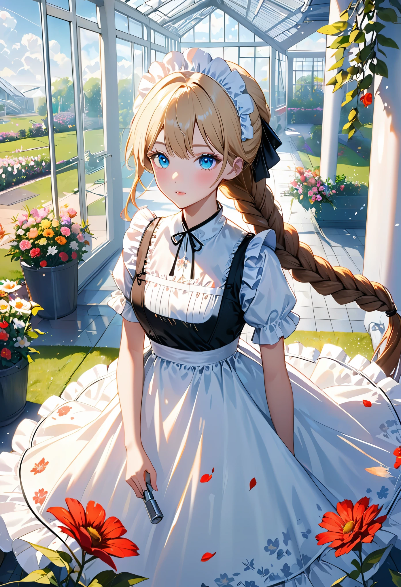 ((flower pattern)), (), (1 girl), (((alone))), (actual:1.5), light particles, light, victorian, (Best Illustration), photoactual, octane rendering, 8k, neon lights, flying car, Detailed face, delicate eyes, ((maid)), maid headband, long braids, very long hair, blonde hair, blue eyes, (sharp eyeliner, eye shadow, delicate eyes:1.1), (ulzzang-6500), model pose, (Permanently installed), (Outdoor activities), noon time, Public area, indoors, (Green house in the background), Breaking G36