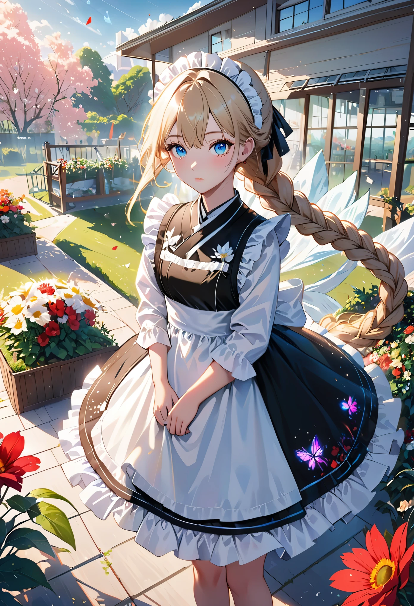 ((flower pattern)), (), (1 girl), (((alone))), (actual:1.5), light particles, light, victorian, (Best Illustration), photoactual, octane rendering, 8k, neon lights, flying car, Detailed face, delicate eyes, ((maid)), maid headband, long braids, very long hair, blonde hair, blue eyes, (sharp eyeliner, eye shadow, delicate eyes:1.1), (ulzzang-6500), model pose, (Permanently installed), (Outdoor activities), noon time, Public area, indoors, (Green house in the background), Breaking G36  