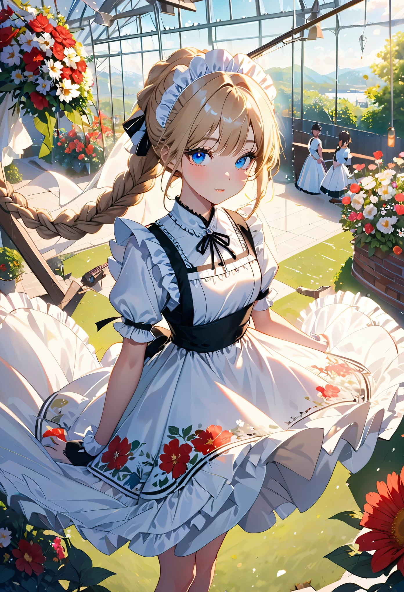 ((flower pattern)), (), (1 girl), (((alone))), (actual:1.5), light particles, light, victorian, (Best Illustration), photoactual, octane rendering, 8k, neon lights, flying car, Detailed face, delicate eyes, ((maid)), maid headband, long braids, very long hair, blonde hair, blue eyes, (sharp eyeliner, eye shadow, delicate eyes:1.1), (ulzzang-6500), model pose, (Permanently installed), (Outdoor activities), noon time, Public area, indoors, (Green house in the background), Breaking G36  