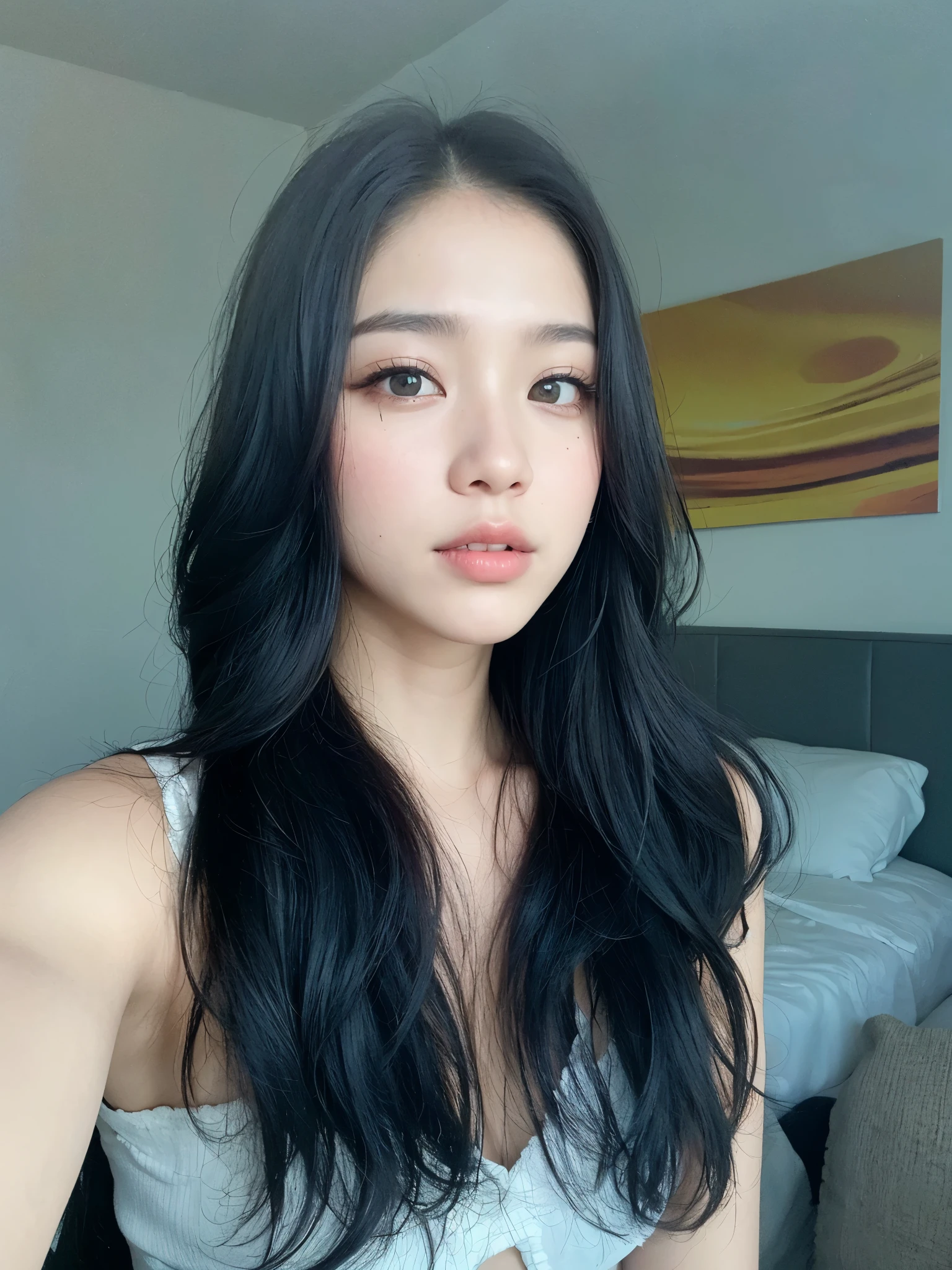 there is a woman with long black hair posing for a photo, a jovem mulher Asian, beautiful south mulher coreana, gorgeous young mulher coreana, Menina Asian with long hair, beautiful young mulher coreana, young pale and beautiful asian face, Menina coreana, beautiful Asian, young Asian, uma mulher Asian, jovem mulher Asian, mulher coreana, wenfei you, Asian