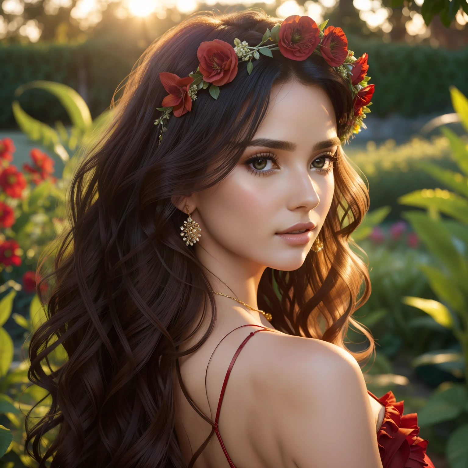 Beauty, (Scarlett Johansson:Penelope Cruz:0.6), radiant complexion, captivating gaze, elegant features, delicate skin, intricate detailing, (long wavy hair:1.5), (flower crown:1.1), serene expression, (stunning red dress:1.3), (lush garden:1.2), ultra-high-definition, 4K HDR, photo-realistic, soft lighting, golden hour, vibrant colors.
Beauty personified in this image is a mesmerizing woman, exuding an ethereal charm that is hard to ignore. With her radiant complexion and captivating