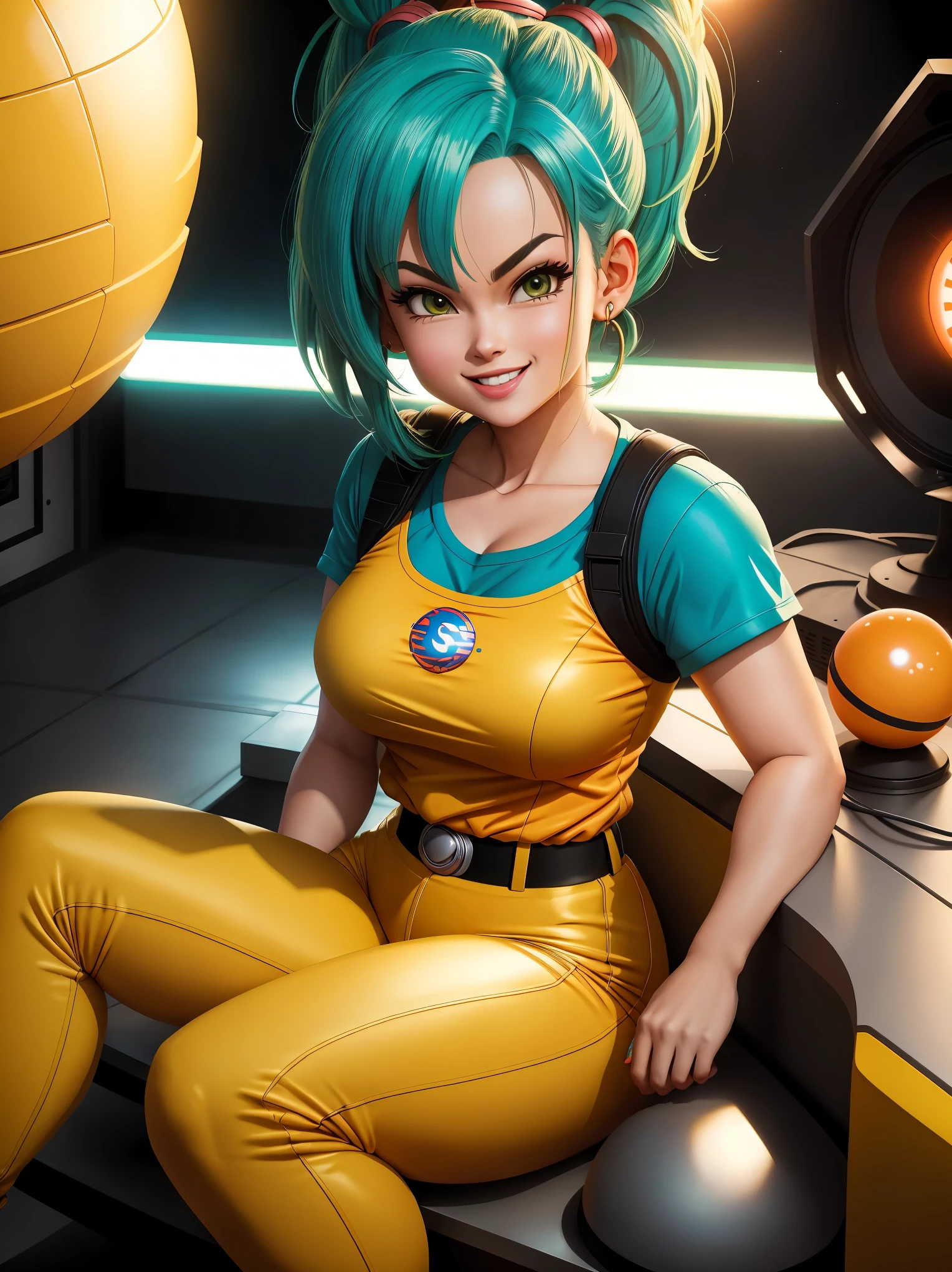 Bulma sitting next to the Dragon Ball radar,holding a Dragon Ball,smiling at the camera,in her classic yellow outfit,dynamic Dragon Ball world,illustration,high quality,4k,8k,photorealistic:1.37,ultra-detailed,professional,vivid colors,portraits,colorful tones,studio lighting