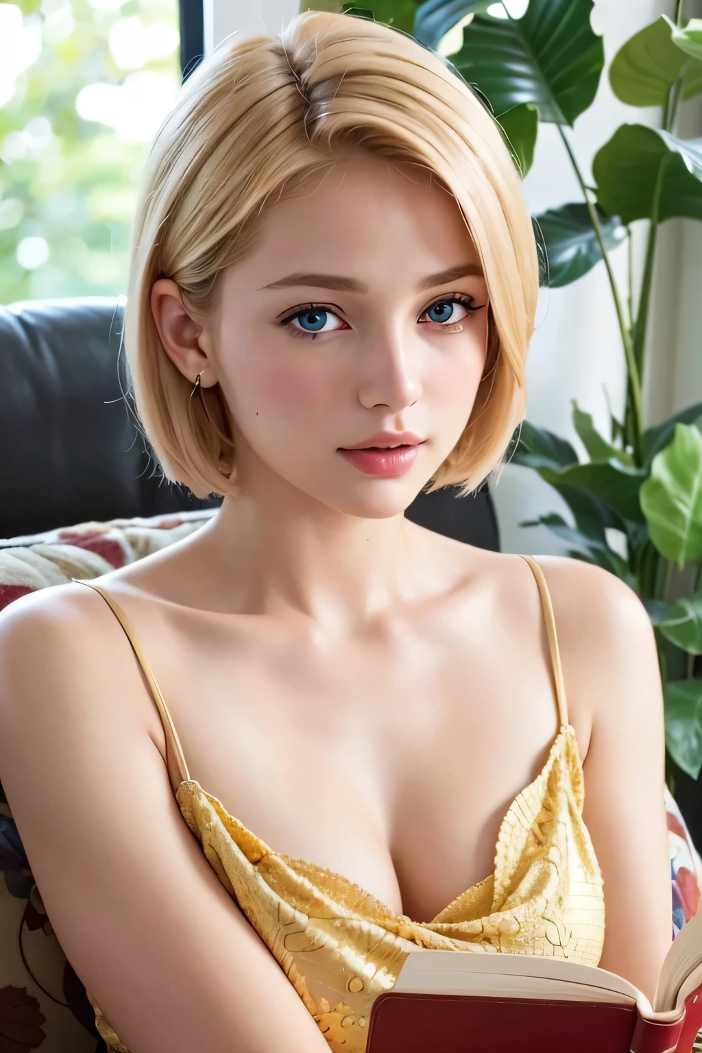 (best quality,8k,highres,realistic,ultra-realistic:1.2),blond girl,short hair,beautiful detailed eyes,beautiful detailed lips,natural beauty reading a book