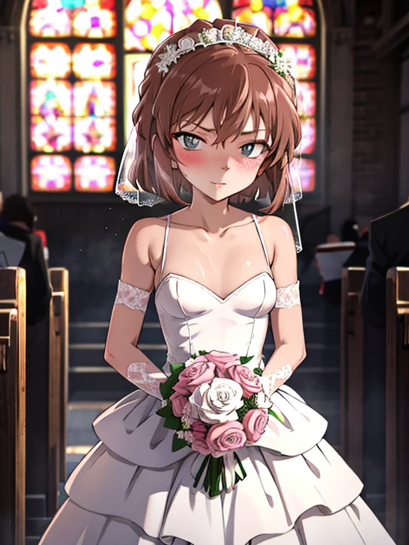 Ai Haibara, wedding dress, bridal gauntlets, bridal veil, wedding ring, bouquet、blush、short hair、small breasts、church、UHD, retina, masterpiece, ccurate, anatomically correct, textured skin, super detail, high details, high quality, best quality, highres, 4K
