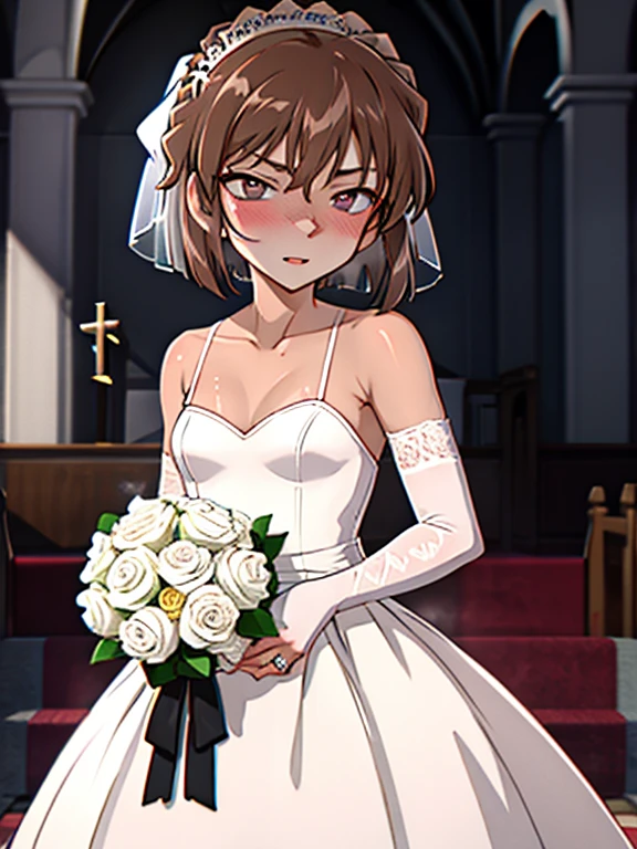 Ai Haibara, wedding dress, bridal gauntlets, bridal veil, wedding ring, bouquet、blush、short hair、small breasts、church、UHD, retina, masterpiece, ccurate, anatomically correct, textured skin, super detail, high details, high quality, best quality, highres, 4K
