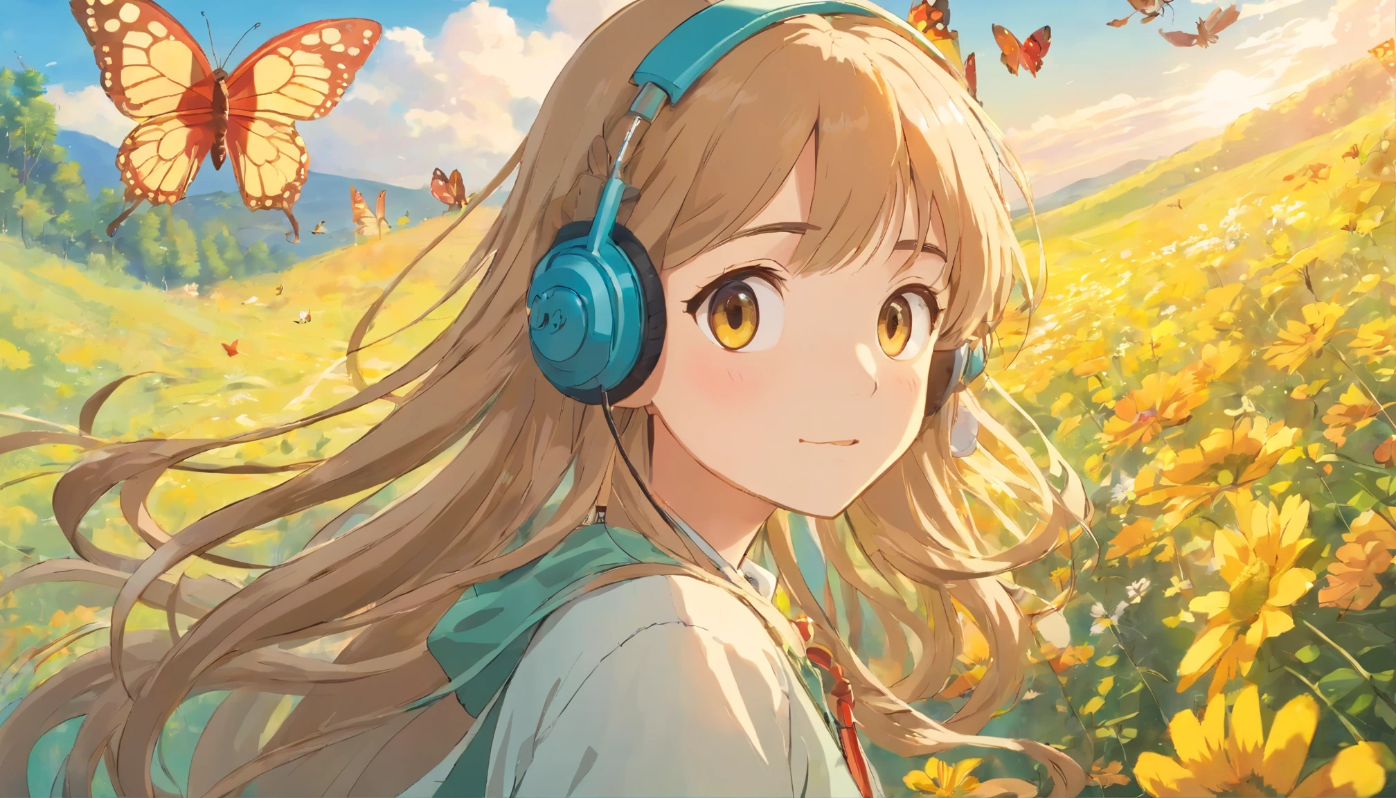 high detail, Super detailed, 8k, A cute and innocent girl with super high quality long hair., , I'm wearing headphones, floating in the sky, I&#39;Iはオープンフィールドで時間を楽しんでいます., Surrounded by beautiful nature, the warm sun shines on her, wild flowers swaying in the wind. Butterflies and birds are flying around her, Adds to the playful atmosphere,