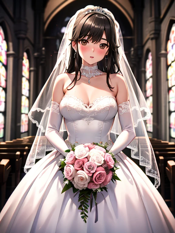  wedding dress, bridal gauntlets, bridal veil, wedding ring, bouquet、blush、small breasts、church、UHD, retina, masterpiece, ccurate, anatomically correct, textured skin, super detail, high details, high quality, best quality, highres, 4K