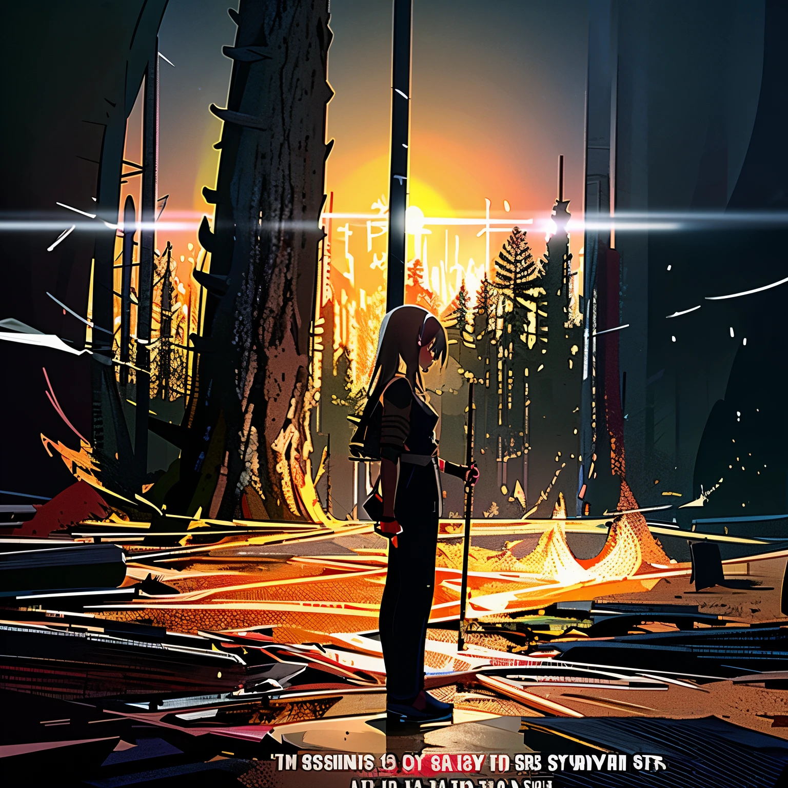 Anime girl standing before a barren landscape, Chainsaw in hand, One girl creates a deforestation poster, Determined expression, Raising awareness, Brown background, Smoke rising from the cleared land, Poster title in bold letters, "Deforestation: A Growing Issue," Surrounded by trees memorializing the lost forest, Sketch of an axe-wielding lumberjack, Warning signs illustrated, Hands folded behind back, Poster intended to be striking and impactful, Shock value reflecting the severity of the issue, Graphic depiction of deforestation effects on wildlife, Fiery sunset in the background symbolizing the urgency to act, All