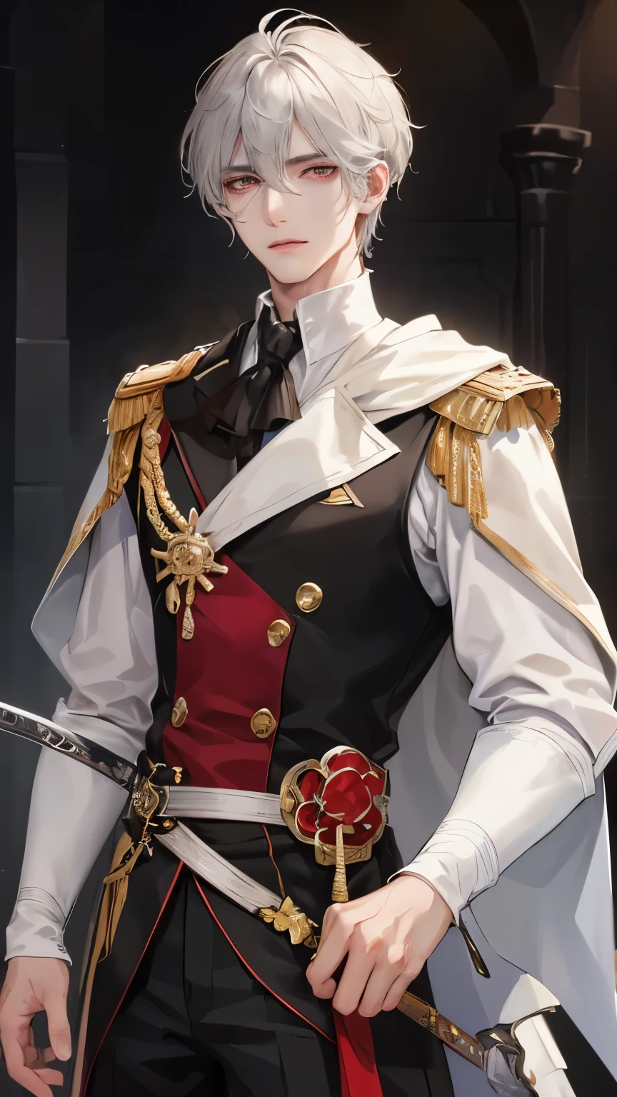 A young man with a long sword and graying hair exudes an air of wisdom and experience. His piercing eyes, though not traditionally beautiful, hold a captivating charm that draws one in. An androgynous prince, with delicate features and striking red eyes, adds an element of intrigue and allure to anime characters. This handsome prince's androgyny is both charming and seductive, creating an atmosphere of charisma. The high-resolution illustration showcases every detail, from the fine textures of the prince's clothing to the expressive lines on his face. This captivating visual treat is a true masterpiece, combining the best qualities of both masculine and feminine
