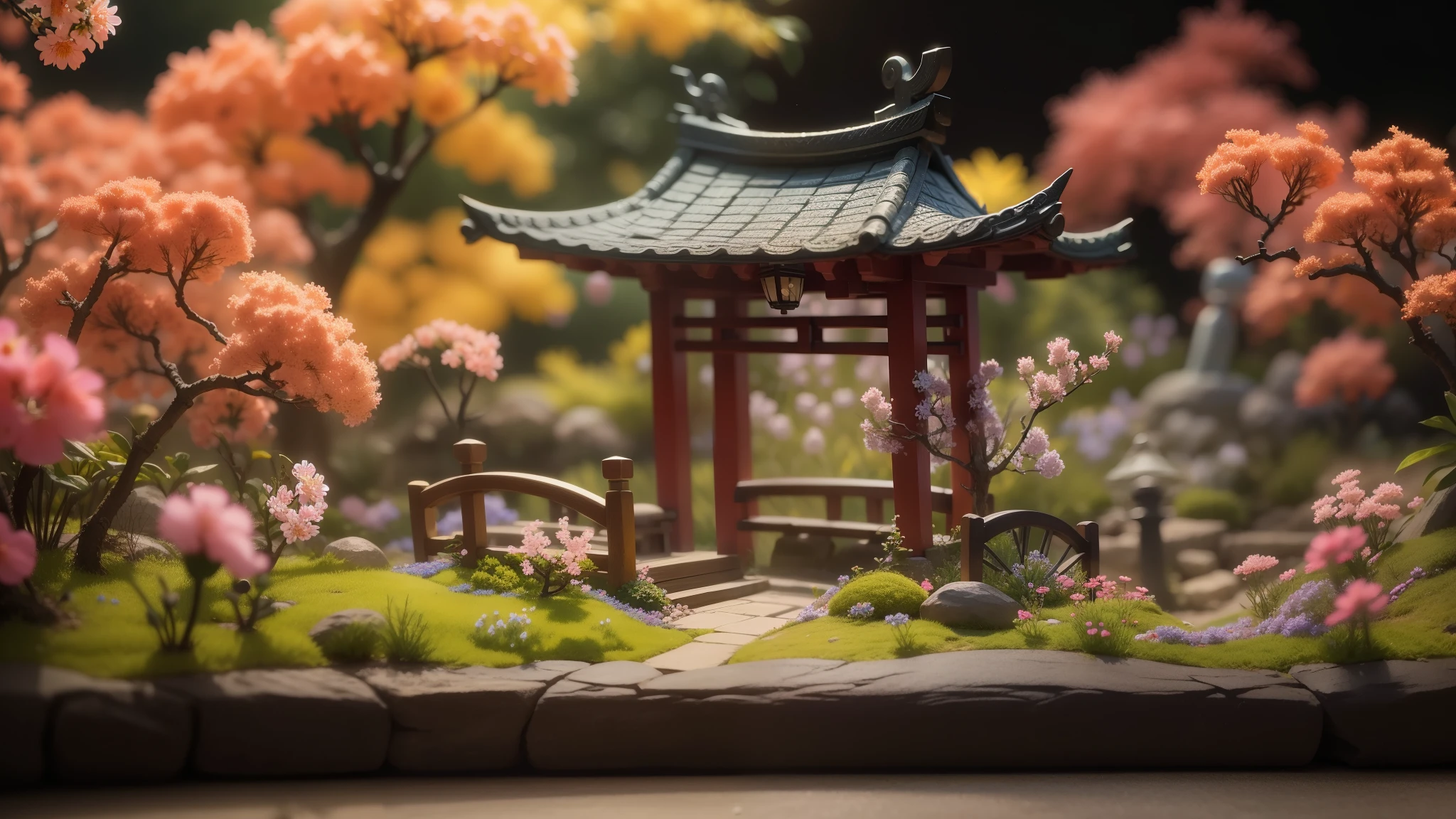 Magic garden miniature scene, delicate flowers、soft glowing branches、Illuminated by happy smiling miniatures. 8K Autorealist,Japanese garden、shrine、torii