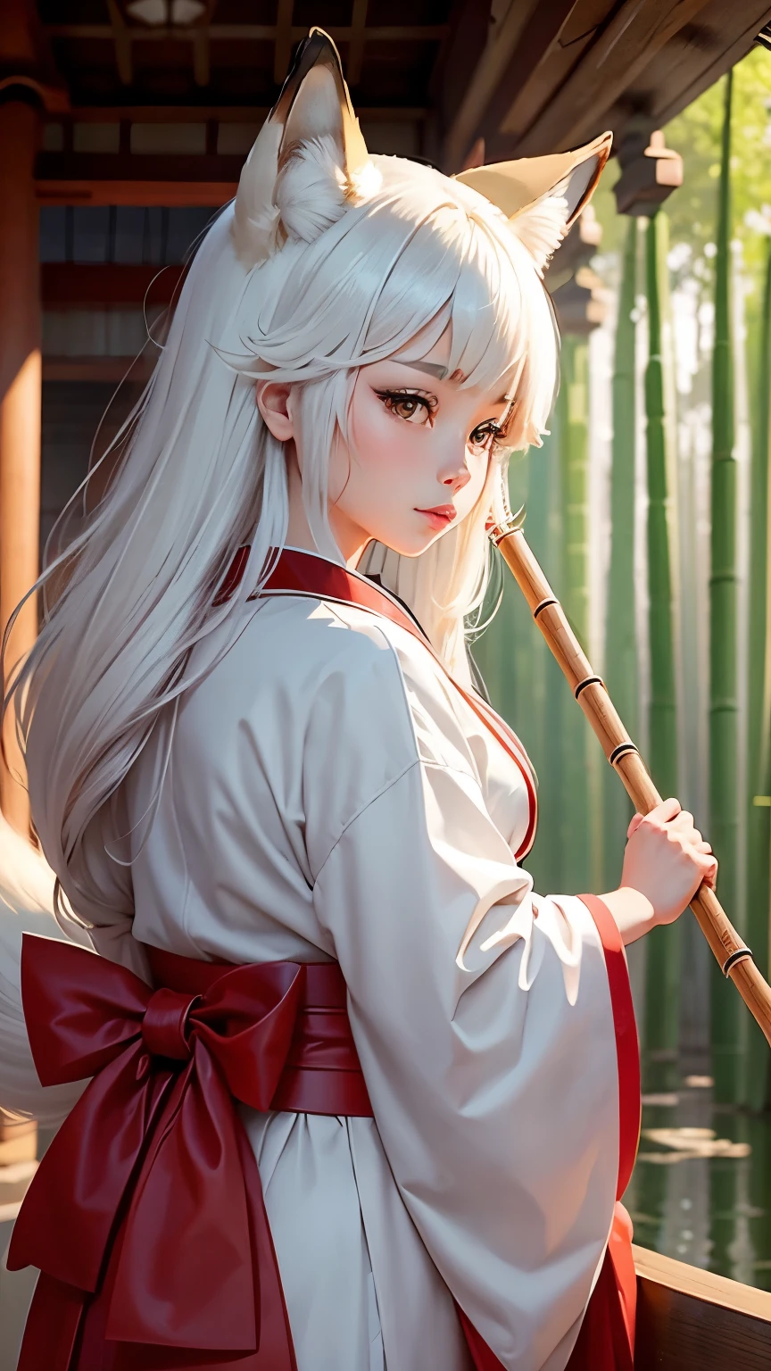 highest quality。masterpiece。detailed details。A fox disguised as a Japanese girl。fox ears。fox tail。fox hair。white kimono。Scarlet Hakama。Cleaning with a bamboo broom。The background is the precincts of the Japan shrine。
