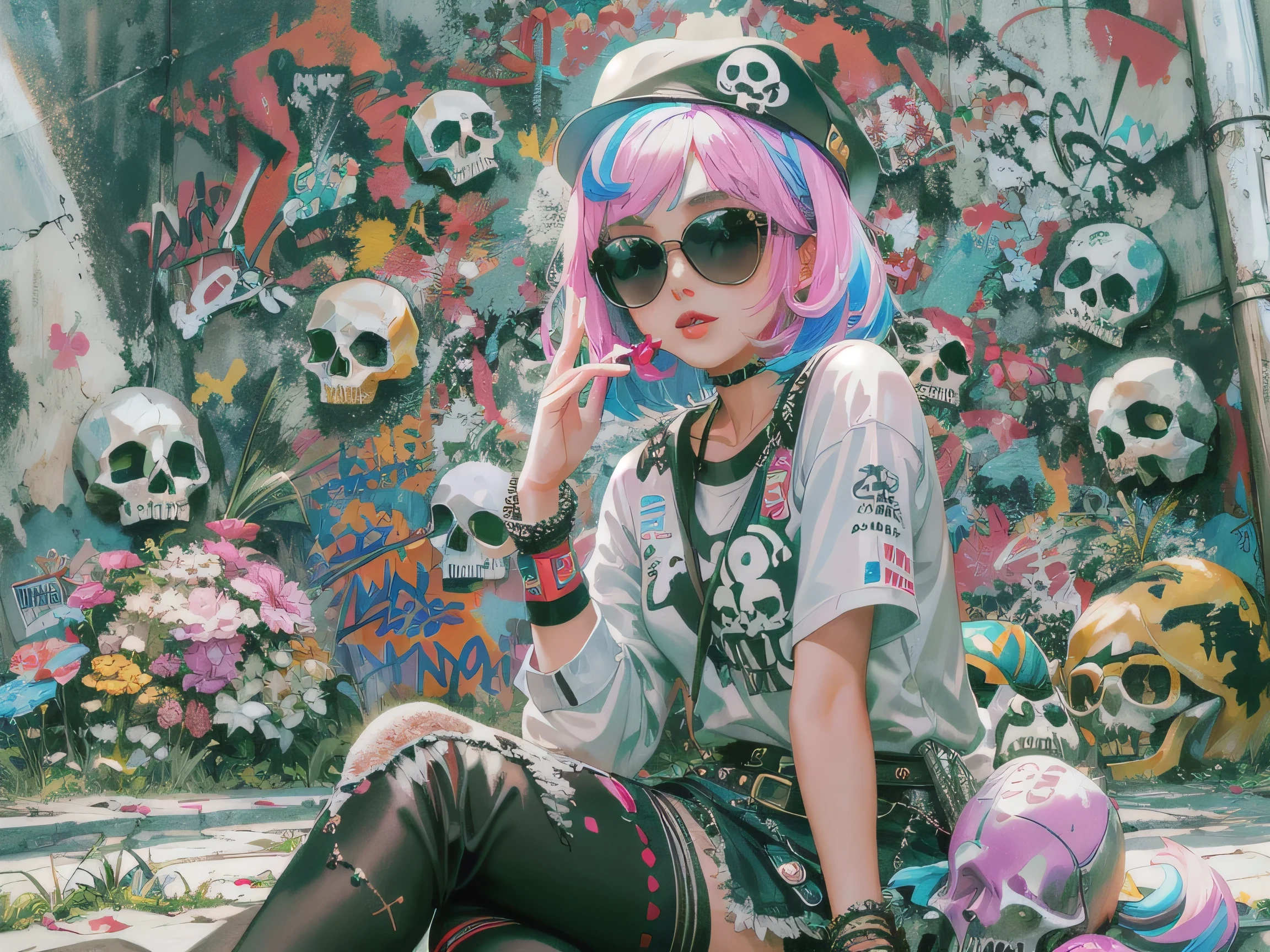 8K resolution、((highest quality))、((masterpiece))、((Super detailed))、1 female、alone、The strongest beautiful girl of all time、((incredibly absurd))、(((Stylish sunglasses))), Fashionable hats, lips in love、skull fashion、sit on the ground、neon、bob cut hair、 (((skull graffiti art))), colorful hair,