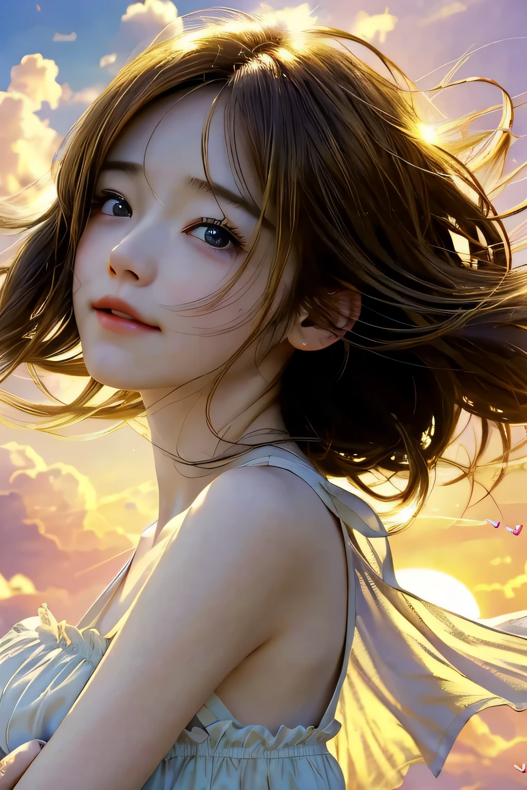 masterpiece, best quality, movie still, 1girl, cloud girl, floating in the sky, close-up, bright, happy, warm soft lighting, sunset, (sparks:0.7)、The encounter is in the wind、Since the day I fell in love、I was looking for you without even realizing it、Don't cry, love、like a movie、anime-like、The present is falling apart、what are we doing、Do you call it love?、copy in heart