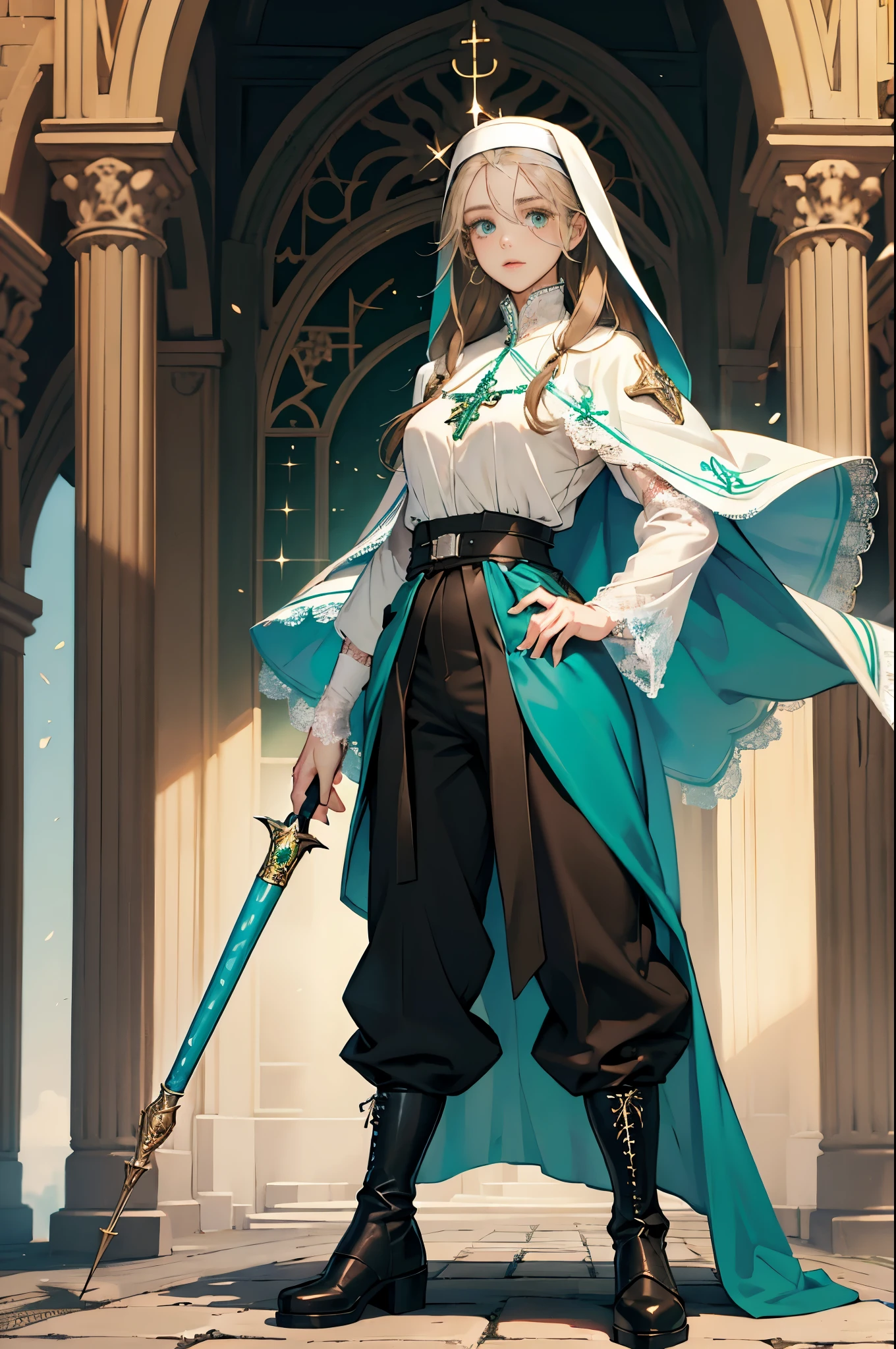 masterpiece, ultra detailed, 8k portrait, RAW photo, portrait photography, Highly detailed face, beautiful and meticulous eyes, ((Fantasy)), Young beautiful, (((Nun))), (((((standing))))), ((light blue long thin hair)), ahoge, forehead, Gentle face, White skin, (((green and white puffy sleeve lace priest robes))), ((brown cape)) Fluttering in the wind, (((lowleg kneel length pants))), Leather boots, ((((equip a magic wand)))), Midday Sun, Hyper realistic, Body model, Small breasts, Beautiful breasts, Long legs, in the medieval adventurer's guild, Ambient lighting, Shadow details, Camera focus on face, strong breeze, Light fog