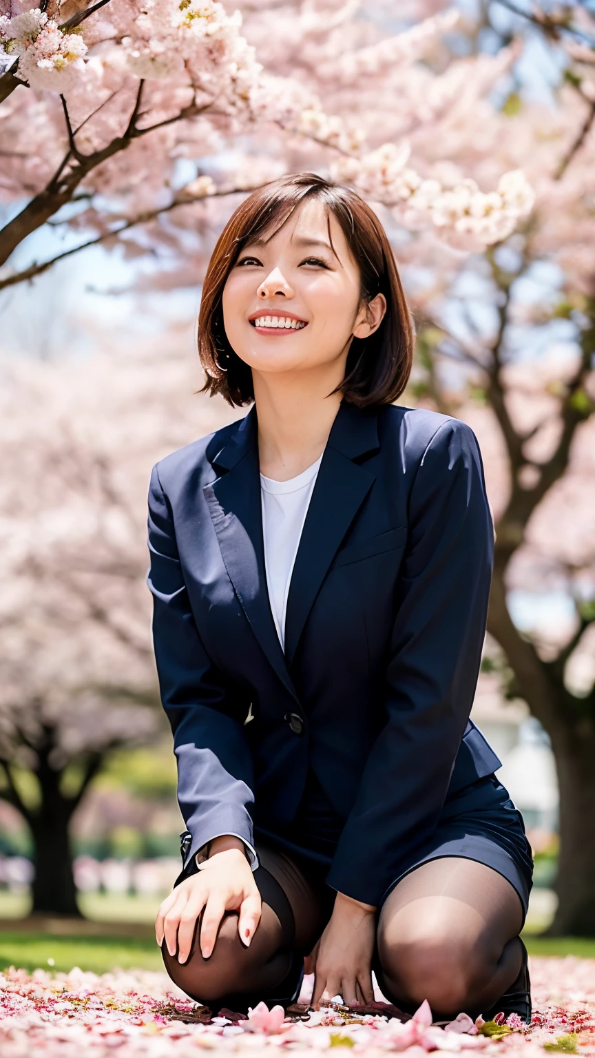 highest quality, masterpiece, ultra high resolution, (realistic: 1.5), RAW photo, professional photography, (1 female), beautiful, wonderful face and eyes, compensate, (非常に詳しいbeautiful顔), enchanting smile, beautiful white teeth, short hair, brown hair, (Japanese_girl:1.3), (suit, business shirt, mini skirt:1.2), (pantyhose,:1.3), (cherry blossom petals fall:1.2),  (squat down:1.2),  (spread your legs:0.8), (view from below:1.2), under the cherry tree, cherry blossom background, Natural light, sunlight,