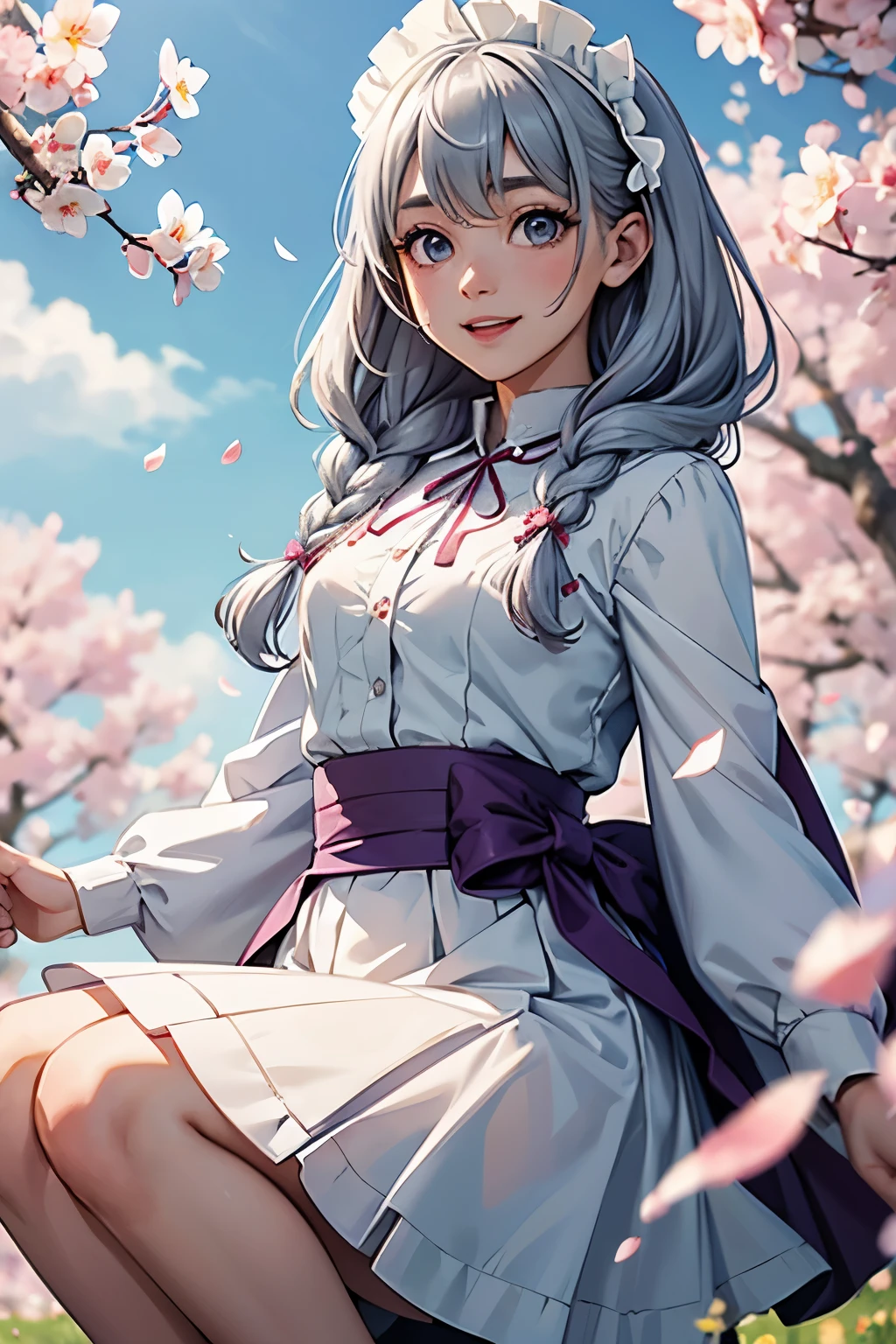 blurry, blurry_foreground, depth_of_field, petals, butterfly, bug, cherry_blossoms, blurry_background, blue_butterfly, motion_blur, flower, elaina_(majo_no_tabitabi), 1girl, open_mouth, long_hair, pink_flower, braid, falling_petals, white_shirt, smile, skirt, shirt, white_flower, tree, outdoors, ahoge, looking_at_viewer, hair_between_eyes, spring_(season), day, solo, holding, branch, bangs, blue_sky, eyebrows_visible_through_hair, :d, silver_hair, hood, cape