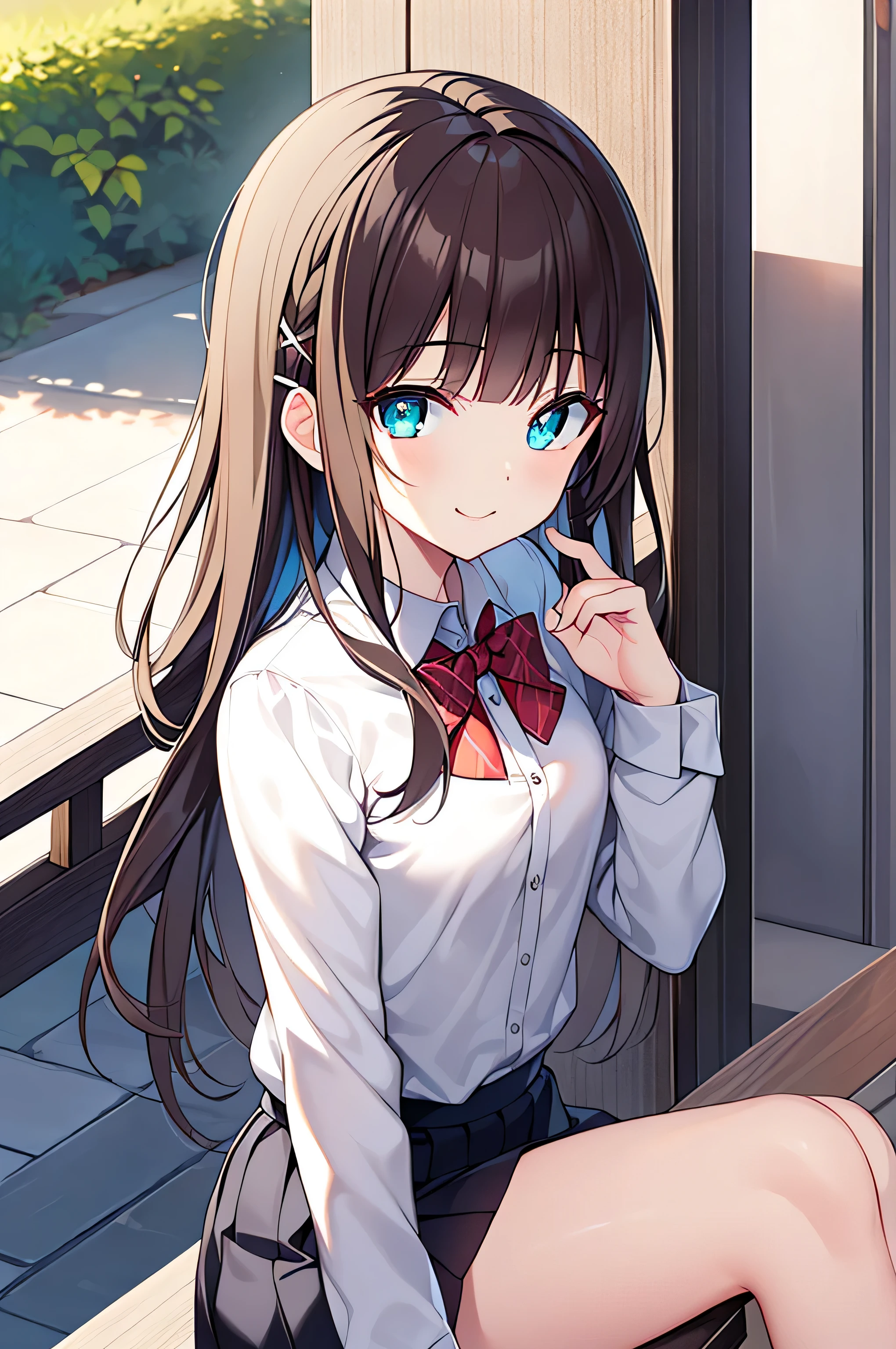 detectivelunch break, Smile, long hair, Bangs, blue eyes, shirt, hair accessories, long sleeves, skirt, bow, brown hair, hairpin, blunt Bangs, bowtie, red bow, x hair accessories, red bowtie, lunch break, (medium chest:1.2), rest looking at viewer, rest outside, rest (masterpiece:1.2), best quality, high resolution, unified 8k wallpaper, (illustration:0.8), (beautiful and delicate eyes:1.6), extremely detailed face, perfect lighting, Extremely detailed CG, (perfect hands, perfect anatomy),