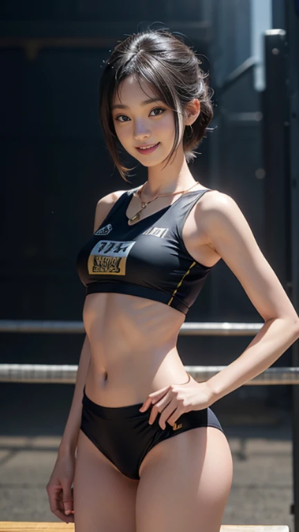 (FW), 1 female, one personで, 24-years-old, 7 head and body, (かわいいsmile), (ideal body proportions), length , volleyball court, The upper body is a sleeveless volleyball uniform, Wearing high-leg panties on the lower body, Sweat, My clothes are transparent, Wet, smile, short hair, black hair, , Slender beauty, small ass, beautiful feet, thin legs, surrealism, cinematic lighting, written boundary depth, one person&#39;point of view, f/1.8, 135mm, table top, Accurate, ((anatomically correct)), rough skin, Super detailed, advanced details, high quality, award-winning, 最high quality, High resolution, 8k（gold necklace）、（ stand、I can see your 、Abs are visible）、smile a little、（Separate top and bottom sexy uniform, make you almost ）、綺麗なAbs are visible、（(Super shiny metallic transparent holographic slingshot uniform))、real 8k、（Lively shots）