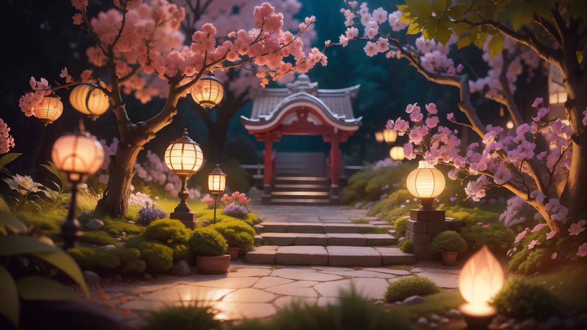 Magic garden miniature scene, delicate flowers、soft glowing branches、Illuminated by happy smiling miniatures. 8K Autorealist,Japanese garden、shrine、torii