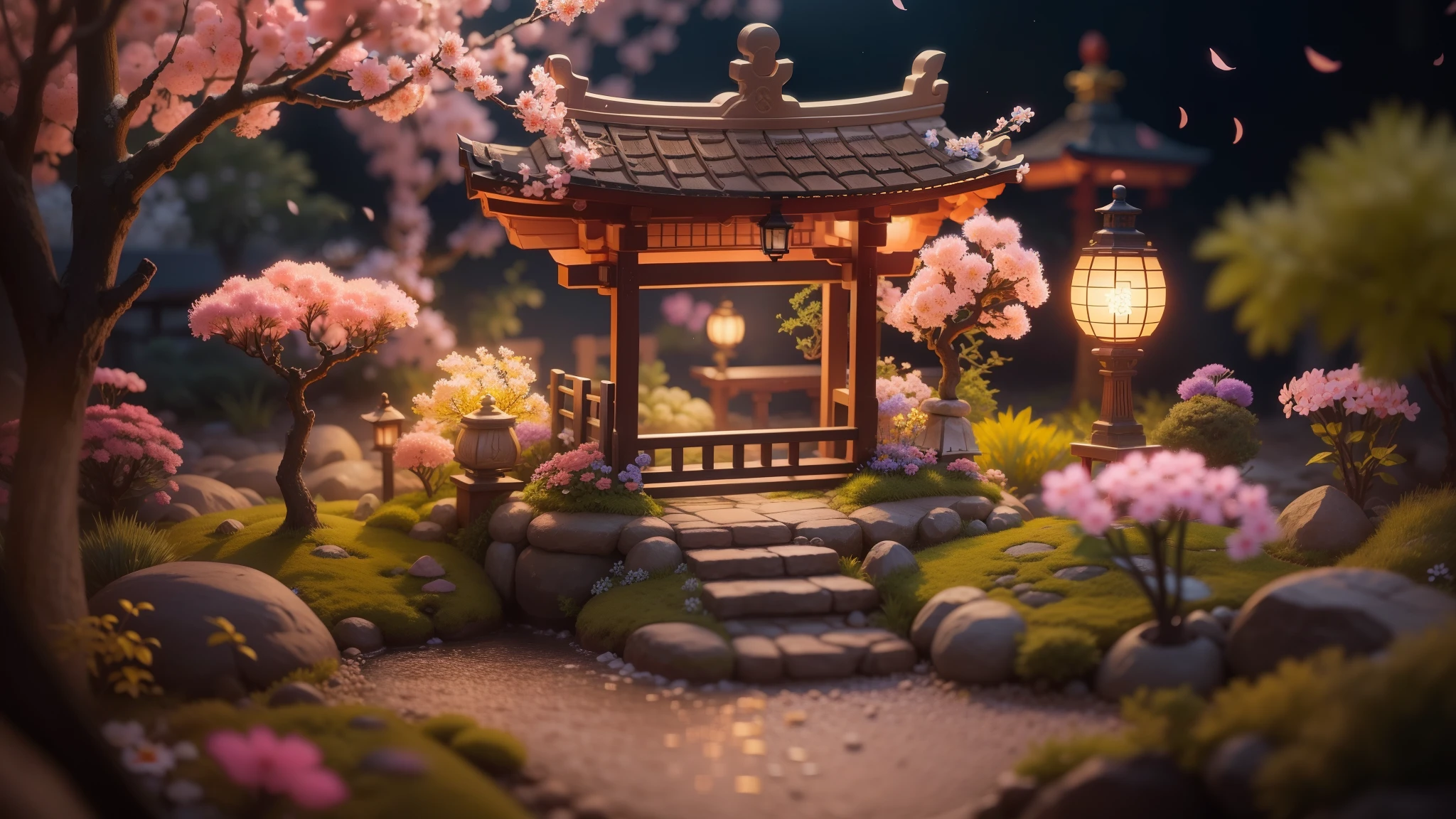 Magic garden miniature scene, delicate flowers、soft glowing branches、Illuminated by happy smiling miniatures. 8K Autorealist,Japanese garden、shrine、torii