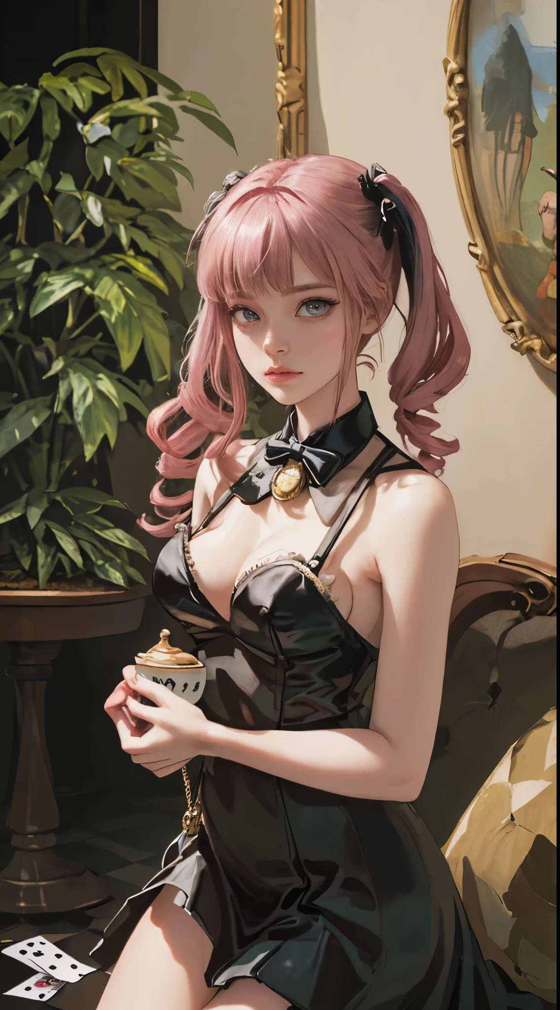 Alice in Wonderland in pastel colors, (((top quality))), (((masterpiece))), (((super detailed))), (((anatomically correct))), (((16K, high resolution))), (((UHD))), (((very realistic photos))), female, age 14, (((magical diorama world )))), (((pink hair))), (((blunt bangs))), (((princess cut))), (((twin tails, twin drills))), very deep depth of field, (((detailed and accurate background, poisonous mushrooms, pocket watch, rabbit in tux, checkerboard floor, flying card cards, afternoon tea, snails, tree frogs, swallowtail butterflies))), dramatic and very dark cinematic lighting, round face, very large eyes, dazzling dark gray eyes like jewels, long eyelashes, thin nose, small mouth, very thin lips, no makeup, clear skin without blemishes.