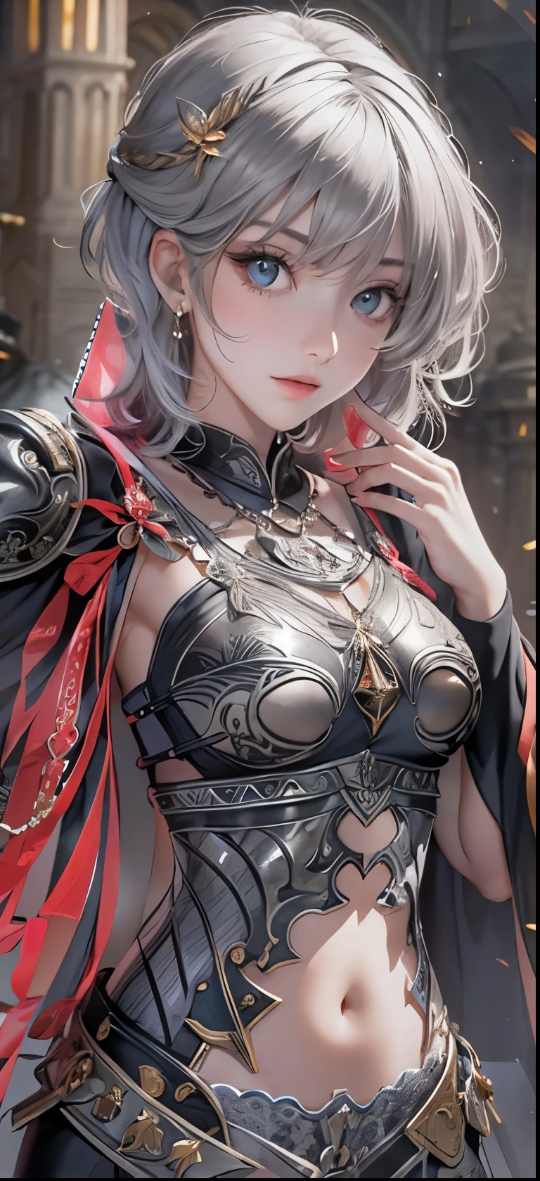 NSFW((masterpiece)), (((Best Quality))), ((Ultra-detailed)), (extremely detailed photo), ((extremely delicate and beautiful)),(Cute delicate face), ((masterpiece)), perfect anatomy, intricate, (highly detailed), masterpiece, photorealistic, (A 25 years old dignified girl),(silver and black armor), (Castle town) ,alone,short hair, looking at viewer, (holding glowing weapon), double eyelid,delicate skin,slender body shape,medium breast