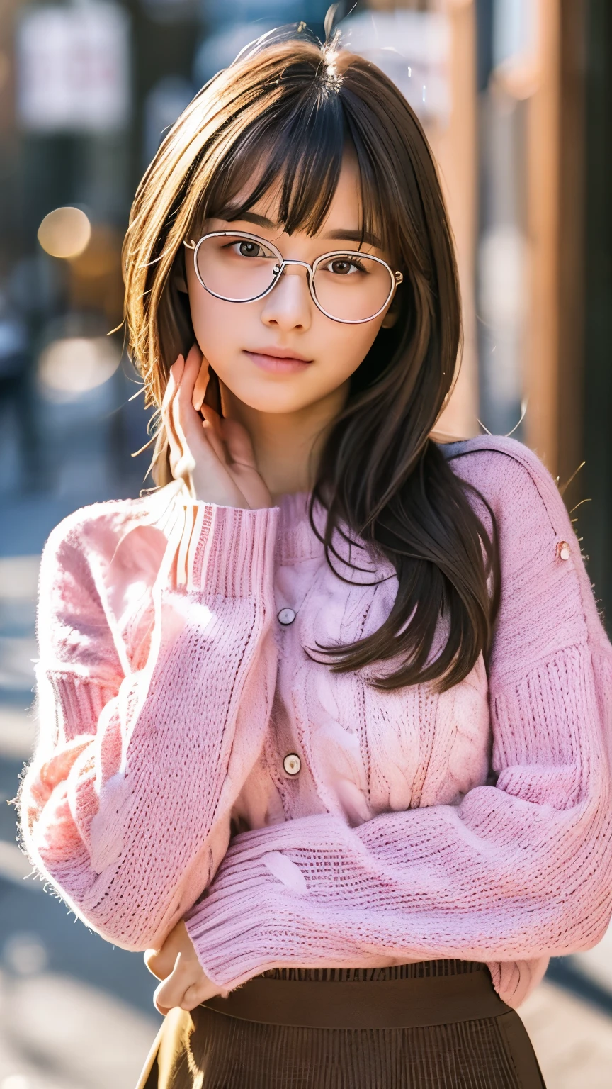 one girl, (beautiful girl, delicate girl:1.3), (16 years old:1.3),
break, (pink knit sweater, skirt:1.3),
break, very fine eyes, (symmetrical eyes:1.3),
break, (street snap:1.3), perfectly trimmed fingers,
break, small breasts, brown eyes, parted bangs, brown hair, (Glasses),
break, (Eye and face details:1.0),
break, (masterpiece, highest quality, super detailed, detailed face, 8k)