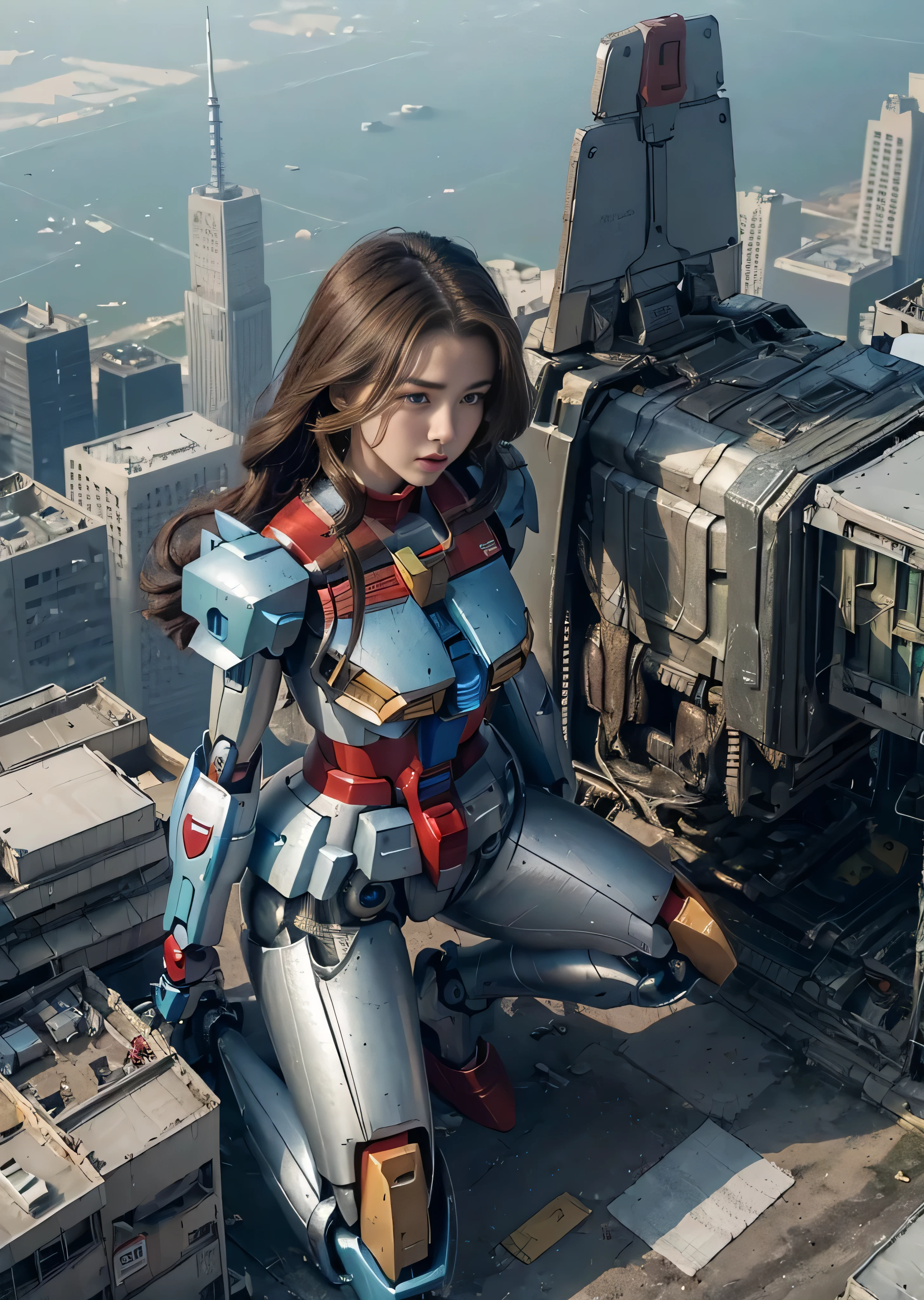 (((RAW image quality:1.4))), ((A giant mechanical woman much bigger than a skyscraper:1.4)), , rough skin, Super detailed, advanced details, high quality, 最high quality, High resolution, 1080p, hard disk, beautiful,((gundam:1.4)),beautiful almost,Wearing futuristic white parts,mechanical joint, Machine arms and legs, Mechanical parts that protect the bust top, cleavage, mechanically protected groin, Excluding bust top and crotch, Raw skin is exposed., almost naked, perfect proportions, (Brown hair fluttering in the wind), beautiful青い目, full body shot, very small metropolis。Squat in a miniature metropolis just a few feet tall, stomping city,crash city,small town,micro city, small cars and trains, Configuration from above, deep blue sky, Metal pants that dig into the crotch,